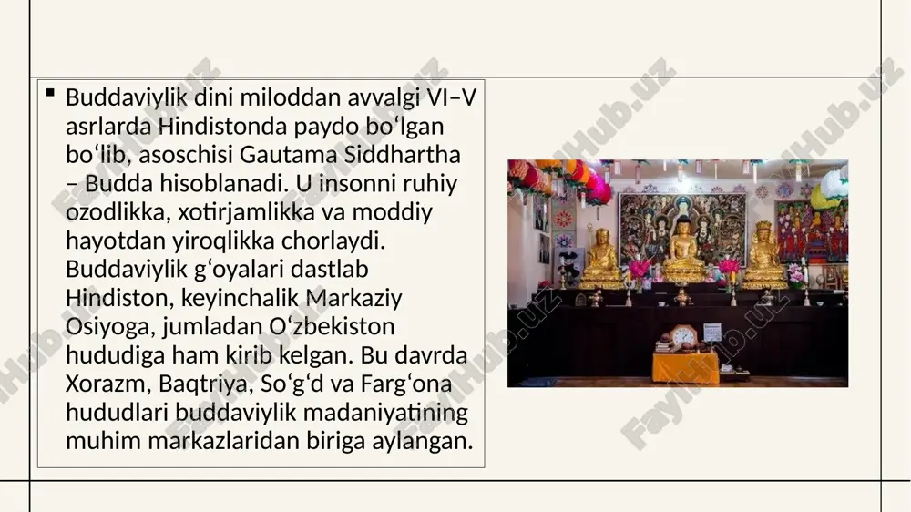 fiy g‘oyalari mahalliy e’tiqodlar bilan uyg‘unlashgan. u insonni tinchlik, bag‘rikenglik va o‘zaro hurmatga chaqirgan. bu qadriyatlar hozirgi o‘zbek xalqining madaniy merosida ham o‘z aksini topgan. buddaviylik dini orqali o‘zbekiston xalqlari sharq mamlakatlari, xususan hindiston, xitoy va afg‘oniston bilan madaniy aloqalarni yo‘lga qo‘ygan. bu esa o‘z navbatida savdo, ilm-fan va san’at sohalarining rivojlanishiga xizmat qilgan. vii–viii asrlarda islom dini markaziy osiyoga kirib kelgach, buddaviylik asta-sekin o‘z mavqeini yo‘qota boshladi. islom dini jamiyatda asosiy e’tiqodga aylangach, buddaviylik ibodatxonalari faoliyati to‘xtatildi. shunga qaramay, buddaviylik davrida yaratilgan me’moriy yodgorliklar, haykallar va san’at asarlari o‘zbekiston tarixida muhim o‘rin egallaydi. bu yodgorliklar orqali qadimgi davr madaniyati, san’ati va diniy hayoti haqida qimmatli ma’lumotlar olish mumkin. termiz arxeologik majmuasi hozirgi kunda o‘zbekiston tarixining eng muhim buddaviy merosi hisoblanadi. bu yerda topilgan topilmalar nafaqat o‘zbekiston, balki butun markaziy osiyo tarixini o‘rganishda muhim manba bo‘lib xizmat qiladi. buddaviylik merosi bugungi kunda turizm va ilmiy tadqiqotlar nuqtai nazaridan alohida ahamiyat …
