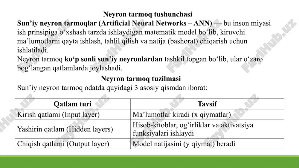 h pair plot ko‘p o‘lchovli bog‘lanishlarni ko‘rsatadi asosiy grafik turlari: № topshiriq izoh / talablar 1 ikkita chiziqli grafik chizing x = [0,1,2,3,4,5], y1 = [0,1,4,9,16,25], y2 = [0,1,8,27,64,125]. y1 qizil, y2 ko‘k, marker qo‘shing, legend va title yozing. 2 subplots bilan grafik chizing x = [0,1,2,3,4,5], y = [0,1,4,9,16,25]. bitta rasmda 2 subplot: birinchi chiziqli grafik, ikkinchi scatter plot. har bir subplotga title va o‘q nomlarini qo‘shing. 3 chiziq rang va style bilan x = [1,2,3,4,5], y = [2,3,5,7,11]. chiziq yashil, dashed ('--'), marker 's' (square). grafikga title va legend yozing. 4 gorizontal bar chart chizing fruits = ['olma','banan','apelsin','anor'], quantity = [10,15,7,12]. har bir ustun rangli, ustiga qiymat yozilsin. 5 pie chart chizing labels = ['olma','banan','apelsin','anor'], sizes = [25,35,20,20]. bitta segment explode, shadow qo‘shing, foizlarni ko‘rsating (autopct). image1.png image2.png image3.png image4.png image5.png image6.png image7.png image8.png image9.png /docprops/thumbnail.jpeg