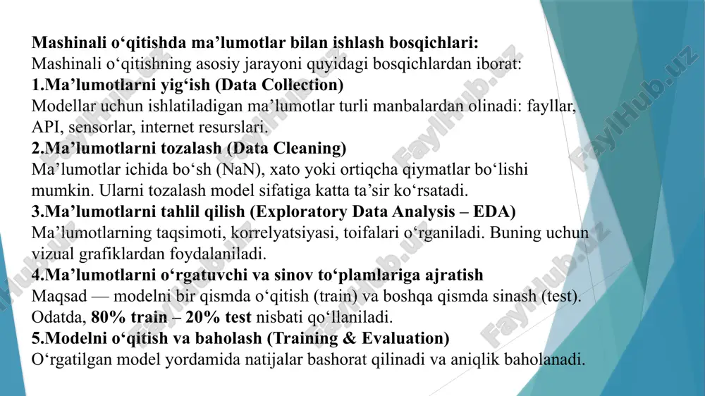 ta=iris.data, columns=iris.feature_names) df['target'] = iris.target print(df.head()) ma’lumotlarni yuklash kerakli kutubxonalarni chaqirish x = df.drop('target', axis=1) y = df['target'] x_train, x_test, y_train, y_test = train_test_split( x, y, test_size=0.2, random_state=0 ) print("train hajmi:", x_train.shape) print("test hajmi:", x_test.shape) tanlanmalarni ajratish histogramma df.hist(figsize=(8,6)) plt.suptitle("iris ma’lumotlari taqsimoti") plt.show() scatter plot sns.scatterplot(x='sepal length (cm)', y='petal length (cm)', hue='target', data=df) plt.title("sepal uzunligi va petal uzunligi orasidagi bog‘liqlik") plt.show() # 2. oddiy dataframe yaratish data = { "ism": ["ali", "vali", "guli"], "yosh": [23, 21, 22], "bahosi": [85, 90, 78] } df = pd.dataframe(data) print(df) # 3. dataframe haqida ma’lumot print("ustunlar:", df.columns) print("indekslar:", df.index) print("shakli:", df.shape) # 4. yangi ustun qo‘shish df["fakultet"] = ["informatika", "matematika", "fizika"] print(df) № topshiriq savol / ko‘rsatma 1 talabalar baholari dataframe yarating. “bahosi” ustunining o‘rtacha qiymatini toping. eng yuqori bahoga ega talabani aniqlang. 2 sotuv tahlili mahsulot nomi, soni va narxi ustunlari bilan jadval tuzing. yangi “jami” ustunini soni * narxi orqali hisoblang. eng …