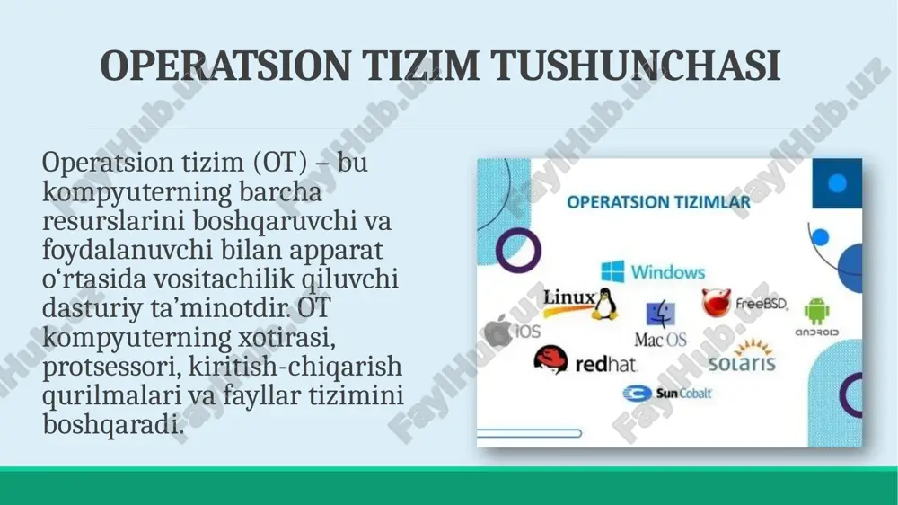 b turadi. windows – keng tarqalgan va foydalanuvchi uchun qulay; linux – xavfsiz va moslashuvchan; macos – dizayn va ishlash barqarorligi bilan mashhur; unix – server va ilmiy tahlil tizimlarida afzal hisoblanadi. mobil ot – bu smartfon va planshetlarda ishlaydigan dasturiy boshqaruv tizimi. u foydalanuvchi interfeysini, tarmoq aloqalarini va ilovalar ishini ta’minlaydi. asosiy tizimlar: android, ios, harmonyos va boshqalar. android operatsion tizimi android – google kompaniyasi tomonidan ishlab chiqilgan ochiq kodli ot bo‘lib, dunyodagi eng ko‘p ishlatiladigan mobil tizimdir. u linux yadrosiga asoslangan va ko‘plab ishlab chiqaruvchilar tomonidan qo‘llaniladi. ios operatsion tizimi ios – apple kompaniyasining iphone va ipad qurilmalari uchun ishlab chiqilgan yopiq tizimidir. u xavfsizlik, tezkorlik va optimallik darajasi bilan tanilgan. harmonyos huawei kompaniyasi tomonidan yaratilgan harmonyos tizimi androidga o‘xshash tuzilishga ega, lekin o‘zining mustaqil arxitekturasi bilan farqlanadi. u smartfon, televizor va iot qurilmalarida ishlaydi. mobil ot’larning arxitekturasi mobil tizimlar yadrosi, tizim kutubxonalari, ilovalar interfeysi va foydalanuvchi interfeysidan …