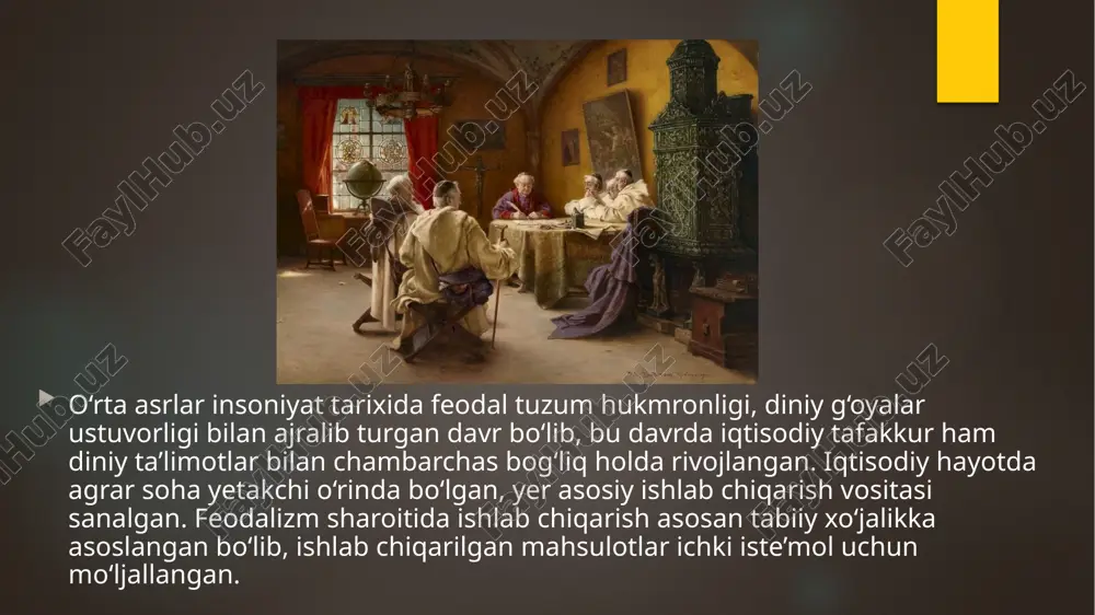 ga. abu hamid g‘azzoliy o‘zining “ihyo ulum ad-din” asarida boylik va mulkka nisbatan o‘rta yo‘lni tutish zarurligini ta’kidlaydi. u halol mehnat orqali topilgan boylikni ma’qullaydi, biroq haddan tashqari dunyoparastlikni tanqid qiladi. uning iqtisodiy qarashlari islom axloqi bilan uzviy bog‘liqdir. ibn xaldun iqtisodiy fikrlar tarixida alohida o‘rin tutadi. u ijtimoiy ishlab chiqarish, mehnat unumdorligi, soliqlar, davlat xarajatlari va iqtisodiy o‘sish o‘rtasidagi bog‘liqlikni ilmiy asosda tushuntirib bergan. uning “muqaddima” asarida ilgari surilgan iqtisodiy g‘oyalar keyingi asrlardagi iqtisodiy tafakkur rivojiga kuchli ta’sir ko‘rsatgan. yevropa o‘rta asrlarida iqtisodiy fikrlar asosan cherkov nazorati ostida rivojlandi. xristianlik ta’limotiga ko‘ra, boylik to‘plash, foizga qarz berish (ssuda) gunoh hisoblangan. shu sababli iqtisodiy faoliyat ko‘lami tor doirada, asosan dehqonchilik va hunarmandchilik bilan cheklangan edi. feodal yevropada iqtisodiy g‘oyalar diniy axloq me’yorlariga asoslanib, iqtisodiy mustaqillikni cheklab qo‘ydi. ammo xiii–xiv asrlardan boshlab shaharlarning o‘sishi, savdoning kengayishi va yangi bozorlarning paydo bo‘lishi iqtisodiy tafakkurda muhim o‘zgarishlarni yuzaga keltirdi. bu davrda merkantilizmning dastlabki …