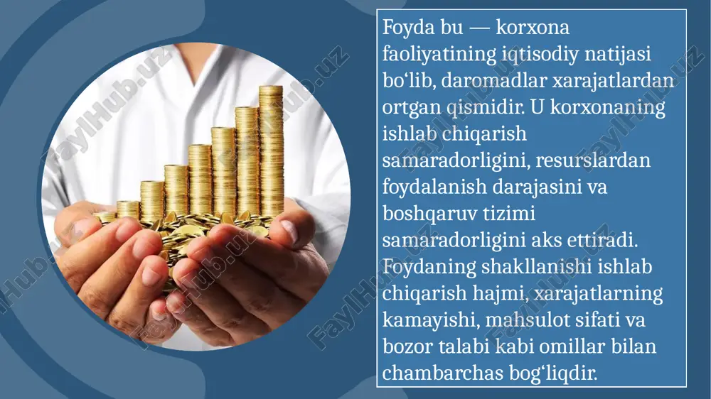 texnologik modernizatsiya qilish, yangi mahsulot turlarini ishlab chiqish uchun sarflanadi. bu korxonaning raqobatbardoshligini oshiradi, ishlab chiqarish hajmini kengaytiradi va qo‘shimcha ish o‘rinlari yaratadi. 7 korxona foydasining bir qismi xodimlarning turmush darajasini yaxshilash, sog‘lomlashtirish, madaniy-ma’rifiy tadbirlarni moliyalashtirishga ajratiladi. bu ijtimoiy mas’uliyatni oshiradi, jamoa barqarorligini ta’minlaydi va mehnat samaradorligiga ijobiy ta’sir ko‘rsatadi. 8 aksiyadorlik jamiyatlari foydani taqsimlashda aksiyadorlarga dividendlar to‘laydi. shu bilan birga, foydaning bir qismi kutilmagan xarajatlar uchun rezerv fondiga yo‘naltiriladi. bu korxonaga moliyaviy xavf-xatarlardan himoya vositasi sifatida xizmat qiladi. 9 korxonada foyda taqsimotini rejalashtirish, nazorat qilish va tahlil qilish tizimi mavjud bo‘lishi zarur. boshqaruv mexanizmi orqali foyda harakati monitoring qilinadi, samaradorlik tahlil qilinadi va zarur hollarda tuzatish choralari ko‘riladi. 10 korxona foydasi iqtisodiy rivojlanishning asosiy manbai bo‘lib, uning oqilona taqsimlanishi korxonaning barqarorligi va raqobatbardoshligini ta’minlaydi. foydani to‘g‘ri ishlatish orqali ishlab chiqarish kengayadi, ijtimoiy barqarorlik mustahkamlanadi va davlat byudjeti daromadlari ortadi. har bir korxona foyda siyosatini uzoq muddatli strategik maqsadlari bilan …
