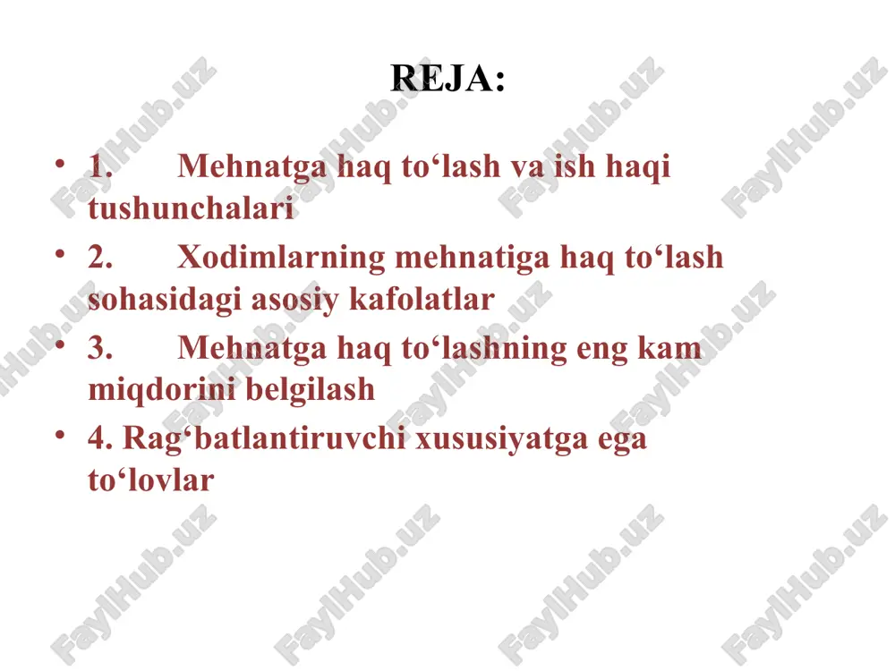 lgilangan mehnat normasini va mehnat vazifalarini to‘liq bajargan xodimning oylik mehnat haqi qonun hujjatlarida mehnatga haq to‘lash yagona tarif setkasining birinchi razryadi bo‘yicha belgilangan miqdordan oz bo‘lishi mumkin emas. mehnat haqining eng kam miqdoriga qo‘shimcha to‘lovlar, ustamalar, rag‘batlantirish tarzidagi to‘lovlar, normal ish vaqtidan chetga chiqqan holda bajarilgan ishlar uchun oshirilgan miqdorda to‘lanadigan haqlar, shuningdek rayon koeffitsientlari qo‘shilmaydi. 2024 yil 1 sentyabrdan boshlab mehnatga haq to‘lashning eng kam miqdori (mhekm) - oyiga 1 155 000 so‘mni tashkil qiladi. ish haqi tarkibiy jihatdan ikki qismdan: asosiy ish haqi va qo‘shimcha ish haqidan iborat. ish haqi tarkibiy jihatdan ikki qismdan: asosiy ish haqi va qo‘shimcha ish haqidan iborat. ish haqining asosiy qismini tarif stavkalari va mansab maoshlari(okladlar) tashkil qiladi hamda ular markazlashgan tartibda tasdiqlanib, oldindan belgilangan fondlar hisobidan to‘lanadi va mazkur korxonaning foydasiga bog‘liq bo‘lmaydi. ish haqining qo‘shimcha qismini mukofot, ustama va qo‘shimcha to‘lovlar tashkil qilib, ushbu to‘lovlarni amalga oshirish korxonalarning oladigan foydasi …