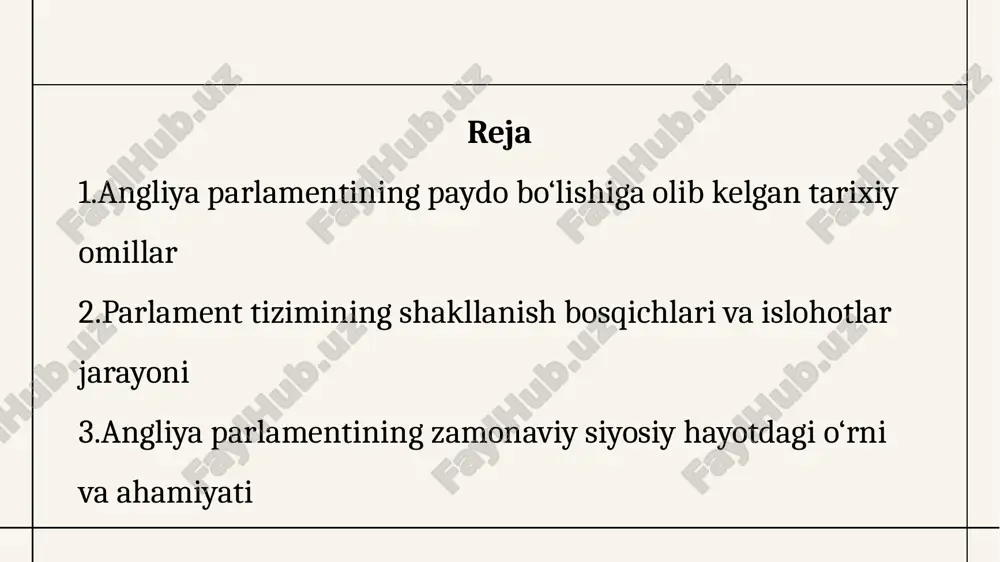 lda simon de monfort rahbarligida birinchi marta ritsarlar va shahar vakillari ishtirok etgan yig‘ilish o‘tkazildi. bu tarixiy voqea angliya parlamentining rasmiy shakllanishi sifatida qaraladi. endilikda mamlakat boshqaruvida faqat zodagonlar emas, balki xalq vakillari ham ishtirok eta boshladi. 7 xiv asrda parlament ikki palataga — lordlar palatasi (yuqori tabaqa vakillari) va jamoatlar palatasi (saylovchilar vakillari)ga bo‘lindi. bu tizim hozirgi kungacha saqlanib qolgan. ikki palatali tizim hokimiyatlar muvozanatini ta’minlab, qarorlar ustidan ikki bosqichli nazoratni joriy etdi. 8 xiv–xv asrlarda parlament soliqlarni tasdiqlash, qonunlarni muhokama qilish va qirol faoliyatini cheklash vakolatini oldi. bu esa uni davlat boshqaruvida mustaqil kuchga aylantirdi. shu tariqa, monarx hokimiyati ustidan parlament nazorati shakllandi. 9 xvii asrda qirol charlz i parlamentni tarqatib yubordi, ammo soliqlarni xalq roziligisiz yig‘a boshladi. natijada fuqarolar urushi boshlandi. oliver kromvel boshchiligida parlament tarafdorlari g‘alaba qozonib, 1649-yilda qirol qatl etildi. bu davr angliya respublikachiligining ilk tajribasi bo‘ldi. 10 1688-yilgi shonli inqilob natijasida vilyam iii taxtga …