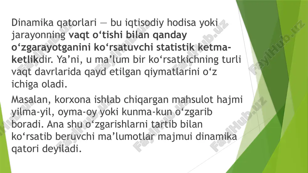 paytdagi holatini ko‘rsatadi. masalan: 1-yanvar holatiga aholi soni, 1-aprel holatiga omborlardagi tovar zaxirasi. bu qatorlarda vaqt oralig‘i belgilanmaydi, faqat aniq sana bo‘yicha qiymatlar olinadi. interval dinamika qatori — hodisaning ma’lum vaqt oralig‘ida (masalan, oy, chorak, yil davomida) sodir bo‘lgan miqdorini ko‘rsatadi. masalan: 2023-yilda ishlab chiqarilgan mahsulot hajmi, bir oy davomida olingan foyda. o‘lchov birligiga ko‘ra: absolyut ko‘rsatkichlar qatori — hodisaning miqdorini tabiiy yoki pul birligida ko‘rsatadi (masalan, tonna, so‘m, dona). nisbiy ko‘rsatkichlar qatori — o‘sish yoki kamayish foizlarda yoki koeffitsientlarda ifodalanadi. o‘rtacha ko‘rsatkichlar qatori — hodisaning ma’lum davr ichidagi o‘rtacha qiymatini aks ettiradi (masalan, o‘rtacha oylik daromad). o‘sish shakliga ko‘ra: barqaror (tekis) dinamika qatori — ko‘rsatkichlar har davrda deyarli bir xil miqdorda o‘zgaradi. o‘zgaruvchan (notekis) dinamika qatori — davrlar orasida o‘sish yoki kamayish miqdori farqlanadi. tasniflashning amaliy ahamiyati: dinamika qatorlarini to‘g‘ri turga ajratish orqali: iqtisodiy jarayonlarning o‘sish tendensiyasini aniqlash, vaqt bo‘yicha solishtirma tahlil o‘tkazish, rejalashtirish va prognozlash ishlarini ishonchli olib …