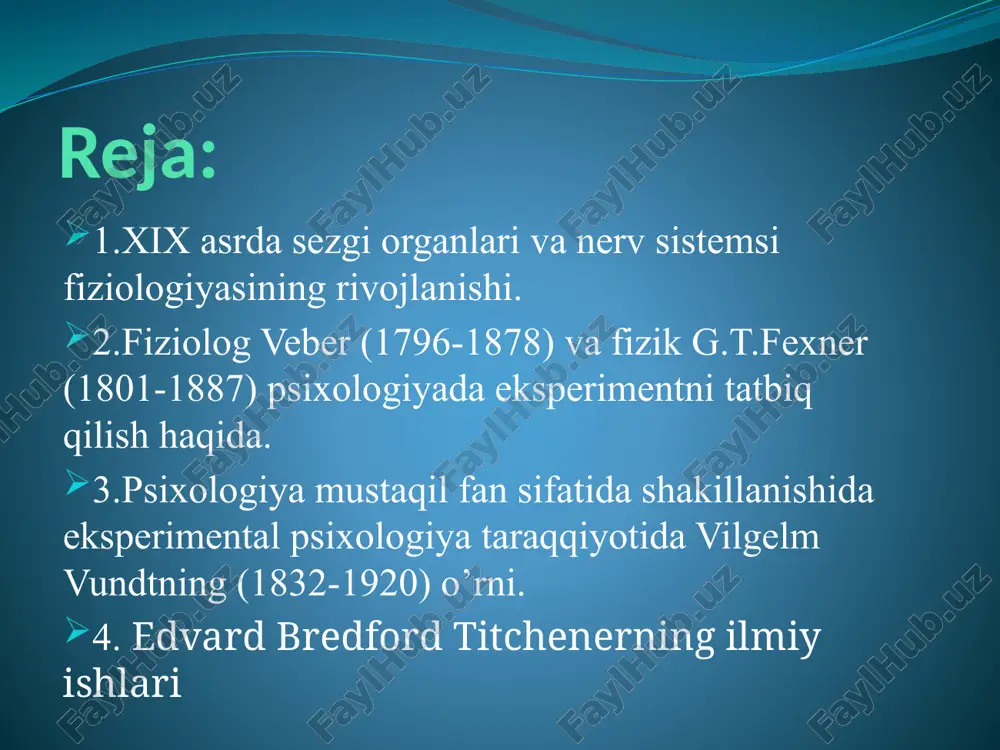 tuzilishlari ostidagi modellari yaratilayapti. nihoyat «psixologiya» atamasi xix asrda paydo bo’lgan fanni ba’zida o’zini-o’zi boshqaradigan reallik, moddiy asosi bo’lgan, ya’ni aks ettiruvchi va inson xatti-harakatini boshlab turuvchi mexanizmi va atroflicha metod bilan tekshirilgan psixika to’grisidagi fandir. materializm ob’ektivlik va determinizm printsiplari psixikani o’rganishning tabiiy bilimlariga yondashish asosida yotgan. psixologiya fan sifatida tabiatshunoslik metodologiyasini qabul qilgan holda x1x asrning oxirlari va xx asrning boshlarida tarkib topgan. bir paytning o’zida nemis faylasufi v. dil’tey «ruh haqidagi fanlar» va tashqi dunyo haqidagi fanlarni alohida qarab chiqishni taklif etdi. birinchilarga u falsafa, etika, estetika lingvistika, huquq va boshqalarni kiritdi. ikkinchilarga fizika, ximiya, geologiya, biologiya va boshqa tabiiy fanlarni kiritdi. psixologiyani u hamma fanlar ruh haqida boshlangich bilimlar oluvchi fundamental fan sifatida ajratdi. bu fandan «ruh haqidagi fan» asosiy metod- ya’ni tushunish metodi deb qaraydi. x1x asrda psixologiyaning mustaqil fan bo’lishi uchun ob’ektiv va sub’ektiv sharoitlar vujudga keldi. 1. -sezgi organlarining fiziologiyasi va nerv sistemasi …