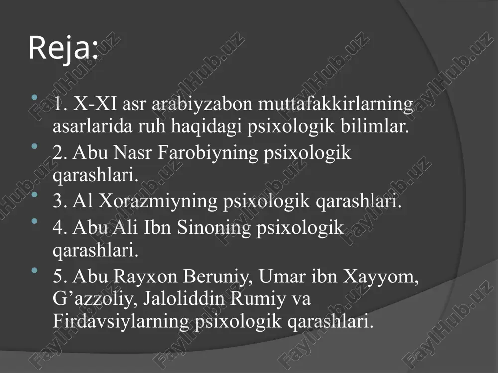 al-xorazmiyning psixologik qarashlari abu abdulloh al xorazmiyning dunyoqarashining muhim tomoni, uning keng bilimi, ilmning ko’p jabhalari masalalarini tushunishga ob’ektiv yondoshishga qaratilgan. xususan, uning tib, odam anatomiyasi va fiziologiyasi sohasidagi bilimi hissiy sezgining moddiy asoslarini qidirishga yordam beradi. «shaxsiy ruh - u miyada bo’lib, undan badan a’zolariga asab orqali tarqaladi» deydi. o’rta asr sharq allomalari uchun aql bilimining yana bir manbaidir. ular aqlni ikki turga - tug’ma va orttirilgan aqlga ajratishadi. xorazmiy aqlni odam nafslarining kuchlaridan biri deb hisoblab, yuqorida qayd etilgan uch turga bo’ladi. abu ali ibn sinoning psixologik qarashlari abu ali ibn sinoning psixologik falsafiy qarashlari, ilmlar tasnifi, ta’rifi va tarkibi haqidagi fikrlari uning «tib qonunlari» asarida inson fiziologiyasi va psixologiyasi asosida talqin etiladi. ibn sino sezgini tashqi va ichki sezgilarga ajratadi. tashqi sezgi insonni tashqi olam bilan bog’laydi, ular 5 ta: ko’rish, eshitish, ta’m - maza bilish, hid va teri sezgisi. bular insonning ma’lum organlari - teri, ko’z, …