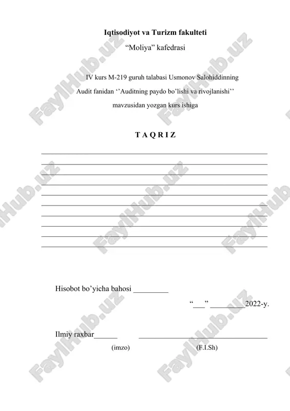 buni amalga oshirish uchun auditor texnika bilan birga tegishli ish eskizini ham tuzadi. auditorlik rejasi va auditorlik dasturlari bu uchun auditor foydalanadigan ikkita asosiy vosita. udit – bu mustaqil malakali mutaxassislar tomonidan korxonaning moliyaviy hisob va u bilan bog’liq moliyaviy axborotlarini me’yoriy hujjatlarga muvofiqlik darajasi to’g’risida xulosa chiqarish maqsadida tadqiq etilishidir. auditorlik faoliyati va auditorlik kasbining ta’rifi o’zbekiston respublikasining yangi tahrirdagi «auditorlik faoliyati to’g’risida»[footnoteref:1]gi qonunida quyidagicha keltirilgan: auditorlik faoliyati deganda auditorlik tashkilotlarining auditorlik tekshiruvlarini o’tkazish va ushbu qonun-ning 17-moddasida nazarda tutilgan professional xizmatlar ko’rsatish borasidagi tadbirkorlik faoliyati tushuniladi. birinchi ta’rifda auditning tafsiloti keng bayon etilgan bo’lsa, so’ngisida auditorlik faoliyati tekshiruv o’tkazish jarayoni bo’lishidan tashqari professional xizmat ko’rsatish bilan bog’liq tadbirkorlik faoliyati ekanligi ham ta’kidlangan. o’zbekistonda davlat hoqimiyati va boshqaruvi organlariga auditorlik faoliyatini amalga oshirish qonun bilan taqiqlangan. auditor – auditor malaka sertifikatiga ega bo’lgan jismoniy shaxsdir. agar auditor auditorlik tashkilotining shtatida turgan bo’lsa yoki auditorlik tashkiloti u bilan fuqarolik-huquqiy tusdagi …