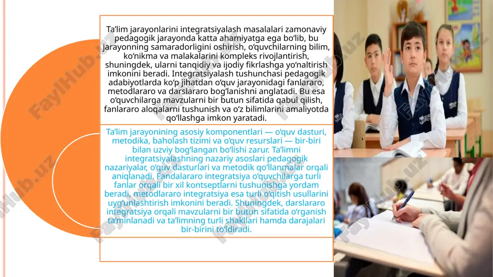 ktiv texnologiyalar va digital platformalardan foydalanish ta’lim jarayonini yanada samarali qiladi. integratsiyalash jarayonida pedagogik muammolar ham yuzaga keladi, masalan, o‘quv dasturining haddan tashqari yuklanishi, o‘qituvchilar malakasining yetarli emasligi yoki resurslar cheklanganligi. bunday muammolarni hal etish uchun doimiy metodik qo‘llanmalar, o‘qituvchilarni malaka oshirish kurslari va zamonaviy ta’lim texnologiyalaridan foydalanish zarur. ta’lim jarayonini integratsiyalashning afzalliklari ko‘p jihatdan o‘quvchilarning bilim, ko‘nikma va malakalarini yanada kompleks rivojlantirish bilan bog‘liq. fanlararo bog‘lanish o‘quvchilarga mavzularni chuqurroq tushunish imkonini beradi, turli fanlarni o‘zaro bog‘lab fikrlash esa tanqidiy va ijodiy fikrlashni rivojlantiradi. bundan tashqari, integratsiyalash individual yondashuvni oshiradi, ta’lim jarayonini moslashuvchan qiladi va o‘quvchilarning qiziqishini kuchaytiradi. shu sababli zamonaviy ta’lim tizimida integratsiyalash jarayonlarini joriy etish va rivojlantirish dolzarb masala sifatida qaraladi. ta’lim jarayonlarini integratsiyalashning samaradorligini oshirishda o‘quv dasturlarini moslashtirish muhim ahamiyatga ega. masalan, fanlararo integratsiya orqali matematika va fizika, biologiya va kimyo, tarix va adabiyot kabi fanlarning mavzularini birlashtirish o‘quvchilarga nazariy bilimlarni amaliyot bilan uyg‘unlashtirishga yordam beradi. integratsiyalash …