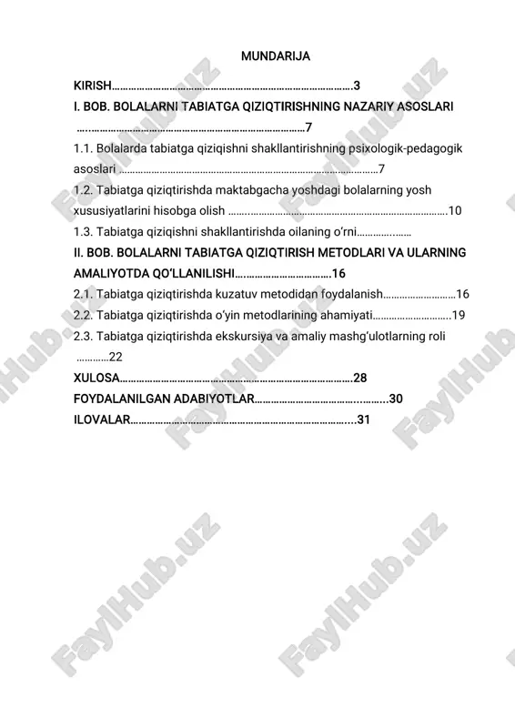 ini oshirish, yosh avlodni tabiiy muhitga ehtiyotkorlik bilan munosabatda bo‘lish ruhida tarbiyalash masalasi alohida ko‘rsatib o‘tilgan. shuningdek, 2019 yil 29 oktabrda qabul qilingan “ekologik ta’lim va tarbiya tizimini takomillashtirish chora-tadbirlari to‘g‘risida”gi pq-4477-sonli qarorda ham bolalarda tabiatni anglash, atrof-muhitni asrash, ekologik xavfsizlik masalalarini o‘rgatishga alohida e’tibor berilgan. bu hujjatlar shuni ko‘rsatadiki, tabiatga mehr-muhabbat bolalikdan shakllantirilishi lozim va bu jarayonda pedagoglarning mas’uliyati juda katta. aynan maktabgacha ta’lim tizimida bolalarning tabiat haqidagi dastlabki tasavvurlari shakllana boshlaydi. bolalarni tabiatga qiziqtirish — bu shunchaki ma’lumot berish emas, balki ularning his-tuyg‘ulariga ta’sir qilish, tabiatni sevish tuyg‘usini uyg‘otish, hayotdagi go‘zallikni ko‘ra bilishga o‘rgatish demakdir. yosh bolalar tabiiy muhitdagi turli hodisalarga, o‘simlik va hayvonot dunyosiga juda qiziqadi. pedagog bu tabiiy qiziqishni to‘g‘ri yo‘naltirsa, bolada ekologik madaniyatning poydevori mustahkamlanadi. mavzuning dolzarbligi. maktabgacha yoshdagi bolalarda tabiiy ob’ektlarga bo‘lgan qiziqish hissiy asosda rivojlanadi. ularga tabiatning 4 rang-barangligi, o‘simliklarning g‘aroyib tuzilishi, qushlarning sayrashlari, yomg‘ir tomchilari ham o‘zgacha taassurot bag‘ishlaydi. shu sababli bolalar …