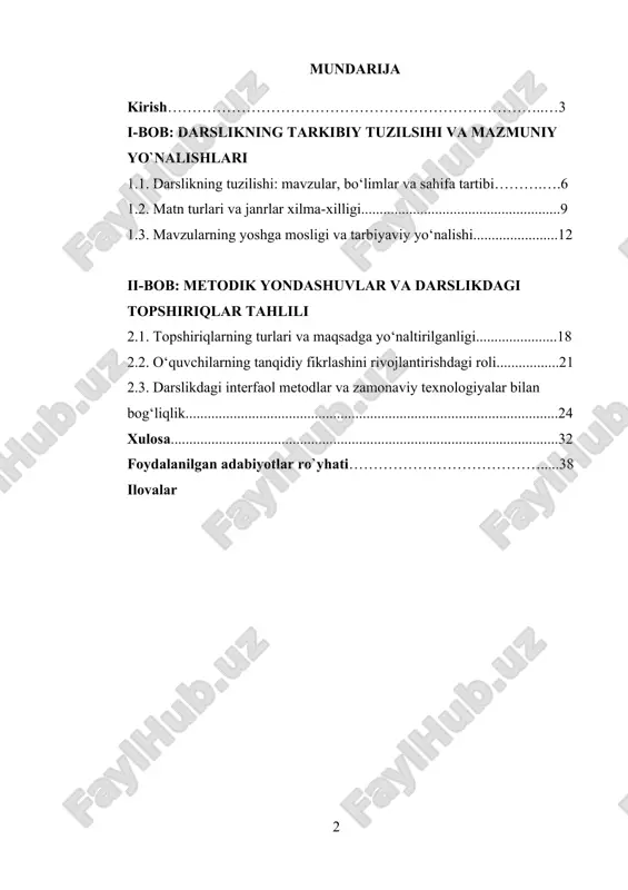 ohotlar amalga oshirildi. shu kontekstda, 4-sinf “o‘qish savodxonligi” darsligi yangi ta’lim yondashuvlari asosida ishlab chiqilib, o‘quvchilarning funksional savodxonligini shakllantirishga xizmat qiladigan muhim vosita sifatida maydonga chiqdi. bu darslik o‘quvchining mustaqil fikrlashi, matnni anglay olish va undan xulosa chiqarish ko‘nikmalarini rivojlantirishga qaratilgan bo‘lib, undagi matnlar, topshiriqlar va yondashuvlar pedagogik jamoatchilik tomonidan dolzarb baholanishi kerak. mavzuning dolzarbligi bugungi globallashuv va raqamli transformatsiya davrida o‘quvchining faqat bilim emas, balki ma’lumotni izlab topish, uni tahlil qilish, tanqidiy fikrlash va hayotda qo‘llay olish qobiliyatlari ham muhim ahamiyat kasb etmoqda. shu bois, o‘qish savodxonligi masalasi faqat filologik emas, balki sotsiopedagogik va psixologik yondashuvni talab qilmoqda. 4-sinf darsligi esa ushbu ehtiyojlarga javob beruvchi asosiy vositalardan biri hisoblanadi. uning tarkibi, metodik yo‘nalishi va ta’limdagi funksional ahamiyatini ilmiy jihatdan tahlil qilish hozirgi kunda dolzarb hisoblanadi. kurs ishining maqsadi mazkur kurs ishining asosiy maqsadi — 4-sinf “o‘qish savodxonligi” darsligini ilmiy-nazariy hamda metodik jihatdan tahlil qilish, uning tarkibi, metodik imkoniyatlari va …