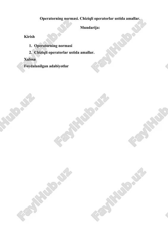 fsil yoritiladi. shuningdek, operatorlar yadrosi, obrazi va ular bilan bog‘liq bo‘lgan nazariy tushunchalar orqali amaliy masalalarga yechim topish imkoniyati ko‘rib chiqiladi. mavzuning dolzarbligi: chiziqli operatorlar zamonaviy matematik tahlilning ajralmas qismi bo‘lib, ular sonli, vektorli va funksional sistemalarning o‘zaro bog‘liqligini o‘rganishda muhim vosita sifatida xizmat qiladi. bugungi kunda matematik modellashtirish, kvant fizika, boshqaruv tizimlari, kompyuter grafikasi, mashina o‘rganish (machine learning) kabi ko‘plab amaliy sohalarda chiziqli operatorlar va ular ustida bajariladigan amallar asosiy matematik asos bo‘lib xizmat qilmoqda. bu esa mazkur mavzuning o‘quv jarayonida ham nazariy, ham amaliy jihatdan dolzarb ekanini ko‘rsatadi. kurs ishining asosiy maqsadi — chiziqli operatorlar tushunchasini chuqur o‘rganish, ularning ustida bajariladigan algebraik va funksional amallarni tahlil qilish hamda amaliy masalalarda qo‘llashga doir ko‘nikmalarni shakllantirishdan iborat. kurs ishining vazifalari: 1. chiziqli operatorlar tushunchasi va ularning asosiy xossalarini o‘rganish. 2. operatorlar ustida amallar: qo‘shish, ayirish, skalyarga ko‘paytirish va kompozitsiyani tahlil qilish. 3. operatorning yadro va obraz to‘plamlari ustida ishlash. 4. …