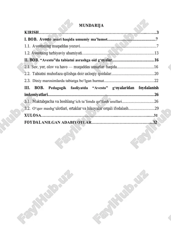 miy dunyoqarashlarning yorqin ifodasi eng qadimgi yozma yodgorliklardan biri – ―avesto‖ kitobida o‗z aksini topgan. unda inson va tabiat o‗rtasidagi uyg‗unlik, tozalik, muvozanat va mehr-muhabbat g‗oyalari ustuvor o‗rin egallaydi. avestoda suvni, yerni, olovni, hayvonot va o‗simlik dunyosini asrash borasida qimmatli g‗oyalar ilgari surilgan bo‗lib, bu qadriyatlar bugungi ekologik muammolar fonida yana-da dolzarb ahamiyat kasb etmoqda. bugungi kunda ekologik muhitning ifloslanishi, tabiiy resurslarning kamayib borishi, global iqlim o‗zgarishlari butun insoniyatni tashvishga solmoqda. shu boisdan davlatimiz rahbari shavkat mirziyoyev ta‘lim-tarbiya tizimi oldiga ekologik madaniyatni shakllantirish vazifasini qo‗yib, shunday degan edi: ―tabiat va atrof-muhitga munosabat – bu millat madaniyatining ko‗zgusidir. farzandlarimizga bolaligidan tabiatni sevishni, uni asrashni o‗rgatmasak, kelajagimizni yo‗qotamiz.‖ prezidentimizning bu so‗zlari ―avesto‖da ilgari surilgan ezgu g‗oyalar bilan hamohang bo‗lib, qadimiy ajdodlarimizning tabiatga bo‗lgan munosabati, uni pok saqlash va muhofaza qilish haqidagi qarashlari zamonaviy ekologik tarbiya bilan uyg‗unlashib borayotganini ko‗rsatadi. aynan shuning uchun ham ―avesto‖dagi tabiatga oid mulohazalarni o‗rganish va ularni bugungi yosh …