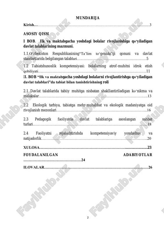 t hodisalari bilan tanishtirish, kuzatuv olib borish, tajriba qilish, tabiatdagi o‘zgarishlarga munosabat bildirishi kabi ko‘nikmalarni rivojlantirishni nazarda tutadi. shu bois ushbu mavzu nafaqat ilmiy-nazariy, balki amaliy jihatdan ham nihoyatda dolzarbdir. kurs ishining o‘rganilganlik darajasi: mazkur mavzu yuzasidan o‘zbekiston va xorijiy davlatlar olimlari tomonidan bir qator tadqiqotlar olib borilgan. xususan, a.a. komenskiy, k.d. ushinskiy, v.a. sukhomlinskiy, n.k. krupskaya kabi pedagoglarning asarlarida tabiatni o‘rganishning tarbiyaviy ahamiyati yoritilgan. mahalliy pedagoglar — m. jo‘rayev, n. to‘rayev, m. sodiqova, g. abdurahmonova va boshqalar tomonidan ham bolalarda ekologik madaniyatni shakllantirishga qaratilgan metodik tavsiyalar ishlab chiqilgan. kurs ishining maqsadi: ilk va maktabgacha yoshdagi bolalarni tabiat bilan tanishtirish bo‘yicha davlat talablarini o‘rganish va ularni amaliyotgatadbiq qilish bo‘yicha samarali usullarni aniqlash. kurs ishining predmeti: davlat talablariga asosan bolalarni tabiat bilan tanishtirish jarayonining mazmuni, shakl va metodlari. kurs ishining obyekti: ilk va maktabgacha yoshdagi bolalar bilan olib boriladigan tarbiyaviy ishlar tizimi. kurs ishining vazifalari: 4 1. tabiat bilan tanishtirish bo‘yicha …