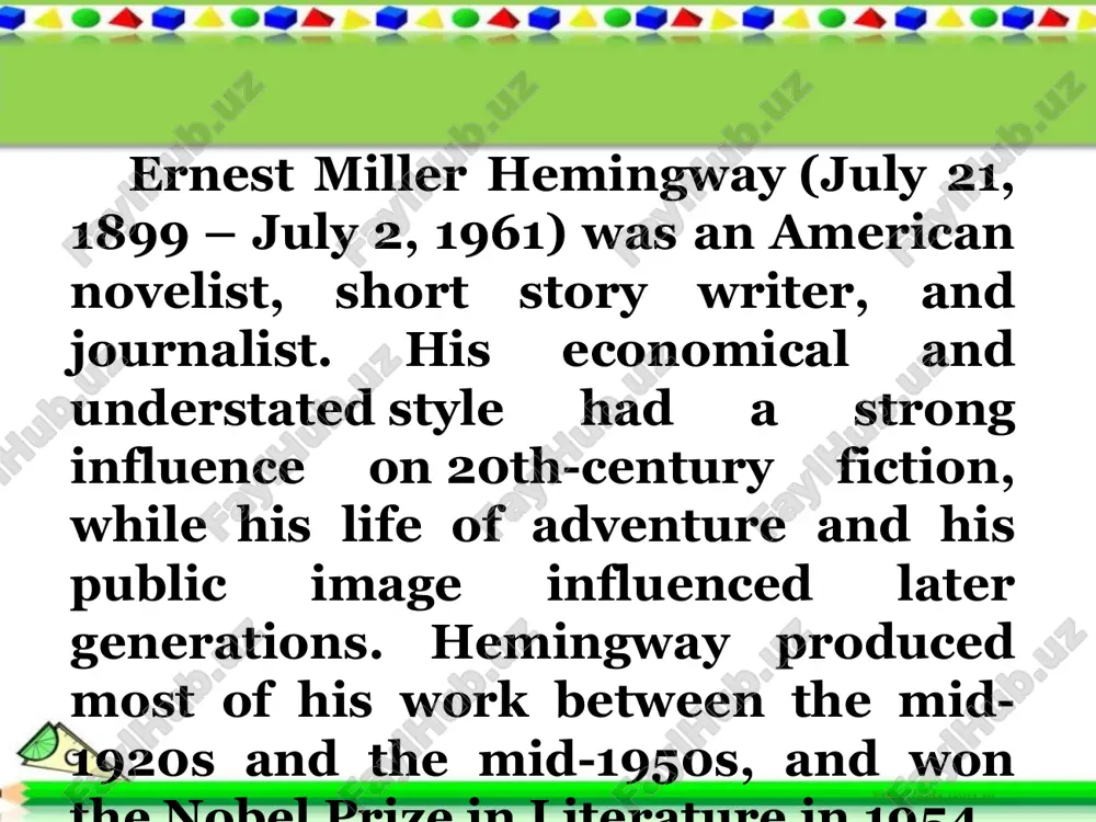 emaining life. hemingway maintained permanent residences in key west, florida, (1930s) and cuba (1940s and 1950s), and in 1959, he bought a house in ketchum, idaho, where he committed suicide in the summer of 1961. hemingway was the second child and first son born to clarence and grace hemingway. ernest miller hemingway was born on july 21, 1899, in oak park, illinois, a suburb of chicago. his father, clarence edmonds hemingway, was a physician, and his mother, grace hall-hemingway, was a musician. he had five siblings: marcelline (1898-1963); ursula (1902-1966); madelaine (1904-1995); carol (1911-2002); and leicester(1915-1982). hemingway's parents were both well-educated and well-respected in the conservative, upscale community of oak park, a community about which resident frank lloyd wright said, "so many churches for so many good people to go to". for a short period after their marriage, clarence and grace hemingway lived with grace's father, ernest hall, who eventually …