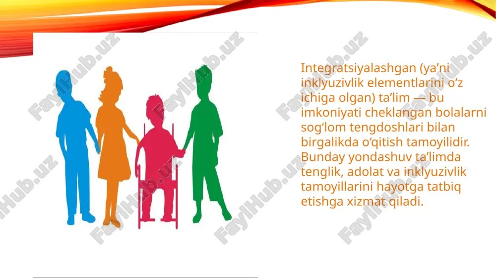 ekin amaliyotda duch kelinadigan muammolar (maxsus bilim yetishmasligi, dars rejalari muvofiqligi) haqida xavotir bildiradi. o‘qituvchilarning 68% i bu jarayonga qo‘shimcha tayyorgarlik va metodik qo‘llanmalar zarurligini ta'kidlagan. 2. ota-onalar fikri: imkoniyati cheklangan bolalar ota-onalari integratsiyalashgan muhit ularning farzandlari uchun ijtimoiy rivojlanish imkoniyatini oshirishini qayd etgan. ba’zi sog‘lom bolalar ota-onalari esa dars sifati tushib ketishi mumkinligidan xavotirda bo‘lgan. 3. o‘quvchilar fikri: o‘quvchilar orasida bag‘rikenglik darajasi yuqori bo‘lgan maktablarda integratsiya muvaffaqiyatli kechgan. ko‘pchilik o‘quvchilar imkoniyati cheklangan do‘stlari bilan yaxshi munosabatda bo‘lishni istashadi, lekin bu borada tushuntirish ishlari muhim. 4. mutaxassislar (psixologlar, defektologlar, metodistlar): integratsiyalashgan taʼlim ijobiy natijalarni beradi, lekin u bosqichma-bosqich va tizimli tarzda joriy qilinishi lozim. tizimga mos pedagogik yondashuvlar, moslashtirilgan muhit va maxsus tayyorlangan o‘qituvchilar zarurligi ta’kidlangan. foydalanilgan adabiyotlar ro‘yxati 1. o‘zbekiston respublikasi «taʼlim to‘g‘risida»gi qonuni. – toshkent: adolat, 2020. 2. o‘zbekiston respublikasi prezidentining 2021-yil 6-dekabrdagi pq–42-sonli qarori "inklyuziv taʼlimni rivojlantirish chora-tadbirlari to‘g‘risida". 3. unesco. (2020). inclusion and education: all means …