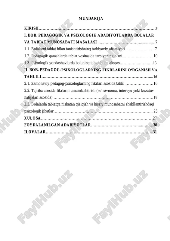 ikkinchi butunjahon konferensiyasidagi nutqida ham bu masalalarga alohida e’tibor qaratildi. mazkur nutqda, “biz inson qadri, uning huquq va manfaatlari – oliy qadriyat’, degan tamoyildan kelib chiqqan holda, mamlakatimiz aholisi uchun munosib turmush sharoitini yaratishni yangi o‘zbekiston siyosatining ustuvor yo‘nalishi etib belgilaganmiz. bu borada, avvalambor, yoshlar va bolalarga e’tibor va amaliy g‘amxo‘rlik ko‘rsatish, ularni jismoniy va ma’naviy barkamol etib tarbiyalashga alohida ahamiyat qaratmoqdamiz”, degan fikrlar bilan bolalarni tabiat bilan tanishtirishning ahamiyati yana bir bor ta’kidlandi. shuningdek, o‘zbekiston respublikasi prezidentining 2019-yil 29-apreldagi pf-5712-sonli “o‘zbekiston respublikasi xalq ta’limi tizimini 2030 yilgacha rivojlantirish konsepsiyasini tasdiqlash to‘g‘risida”gi farmonida ham bolalarni tabiat bilan tanishtirish, ekologik tarbiyani kuchaytirish masalalari o‘z aksini topgan. bundan tashqari, “ta’lim to‘g‘risida”gi qonun va boshqa normativ-huquqiy hujjatlarda ham bolalarning tabiat bilan tanishishlari, ekologik madaniyatni shakllantirishlari uchun zarur shart-sharoitlar yaratish belgilangan. shu munosabat bilan, ushbu kurs ishida pedagog-psixologlarning bolalarni tabiat bilan tanishtirishning ahamiyati haqidagi fikrlari o‘rganiladi. bu orqali bolalarning tabiatga bo‘lgan munosabatini shakllantirish, ekologik …