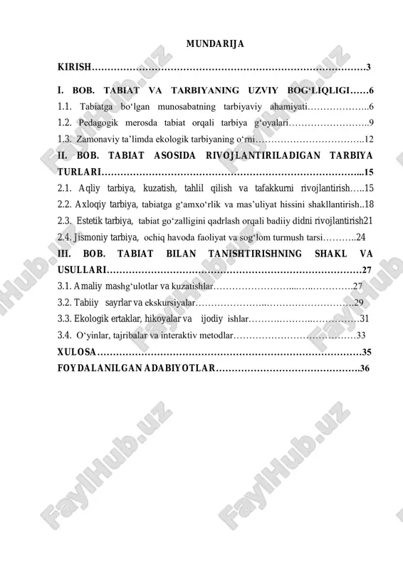 ngli faoliyatini rivojlantirish va tarbiyaning barcha yo‗nalishlarini samarali amalga oshirish mumkin. tabiiy muhit bilan bevosita aloqa, uni kuzatish va parvarishlash orqali bolalarda nafaqat ekologik ong, balki axloqiy, estetik, jismoniy va aqliy tarbiyaning muhim jihatlari rivojlanadi. davlatimiz rahbari shavkat mirziyoyev ta‘lim-tarbiya tizimini isloh qilish masalalarida quyidagicha ta‘kidlaydi: “farzandlarimizni vatanga sadoqatli, tabiatni sevuvchi, tashabbuskor va mas‟uliyatli insonlar qilib tarbiyalash – bu bizning muqaddas burchimizdir”. ushbu fikrlar bolalarning tabiat bilan muloqotini faqatgina bilim olish vositasi sifatida emas, balki ko‗p yo‗nalishli tarbiya vositasi sifatida qarash zarurligini ko‗rsatadi. tabiat bilan tanishtirish orqali estetik tarbiya — tabiat go‗zalligidan zavqlanish, axloqiy tarbiya — hayvon va o‗simliklarga nisbatan g‗amxo‗rlik, mehnat tarbiyasi — tabiat burchagida ishlash, jismoniy tarbiya — sayr va ekskursiyalar orqali rivojlantiriladi. bu esa tabiatni tanishtirish mashg‗ulotlarining ko‗p qirrali va tarbiyaviy jihatdan boyligini ko‗rsatadi. mazkur kurs ishida tabiat bilan tanishtirish faoliyati orqali tarbiyaning turli yo‗nalishlarini qanday samarali uyg‗unlashtirish mumkinligi, ularning pedagogik mohiyati va amaliyotdagi o‗rni tahlil qilinadi. …