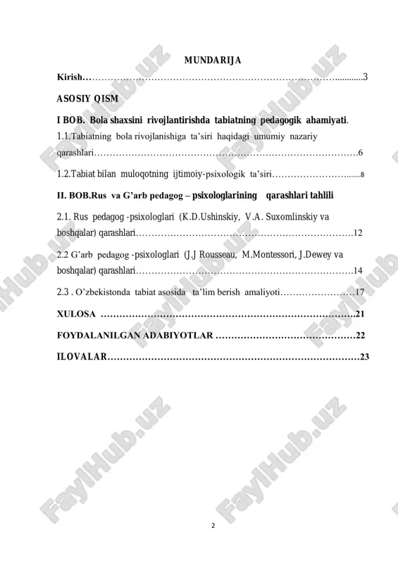 ib quvnaydi, yayraydi. bola ongining o‗sishida, jonli va jonsiz tabiatga bo'lgan qiziqishini ortishida tevarak - atrofdagi tabiatning roli beqiyos kattadir. bolalarni, tabiat bizga in‘om etgan ana shu go‗zal manzaralari bilan tanishtirib borishimiz, tabiatning har bir giyohi, har bir hayvonotining insonlar uchun, tabiat uchun naqadar katta nhamiyatga ega ekanligini aytib, o‗rgatib borishimiz, ma‘naviy o/iqlantirishimiz kerak. bolalarni tabiat bilan tanishtirishdan maqsad yosh avlodni ona vatanimizni sevishga, uning o‗simliklari, hayvonot olamini asrash, saqlash, ko‗paytirish ruhida tarbiyalashdan iboratdir. buning uchun bolalarni tabiat bilan tanishtirish ishlarini maklabgacha ta‘lim yoshidan boshlamoq kerak. shunga ko‗ra mtt larida ishlayotgan tarbiyachilar oldidagi eng muhim vazifalardan biri bolalarni tabiatning go‗zalliklarini ko‗ra bilish, uni sevish, tabiatda yuz beradigan voqea - hodisalar haqida to‗g‗ri tushunchaga ega bo‗lish, tabiat yaratgan boyliklardan oqilona foydalanish ruhida tarbiyalashdan iborat bo‗lmog‗i lozim. maktabgacha ta‘lim tashkilotida bolalarni tabiat bilan lanishtirish ishining mazmuni yoritilib, tabiatdagi mehnatning bilim, malaka, va ko‗nikmalarini shakllantirish yo‗nalishlari belgilab bcrilgan. maktabgacha yoshdagi bolalar bir vaqtning …