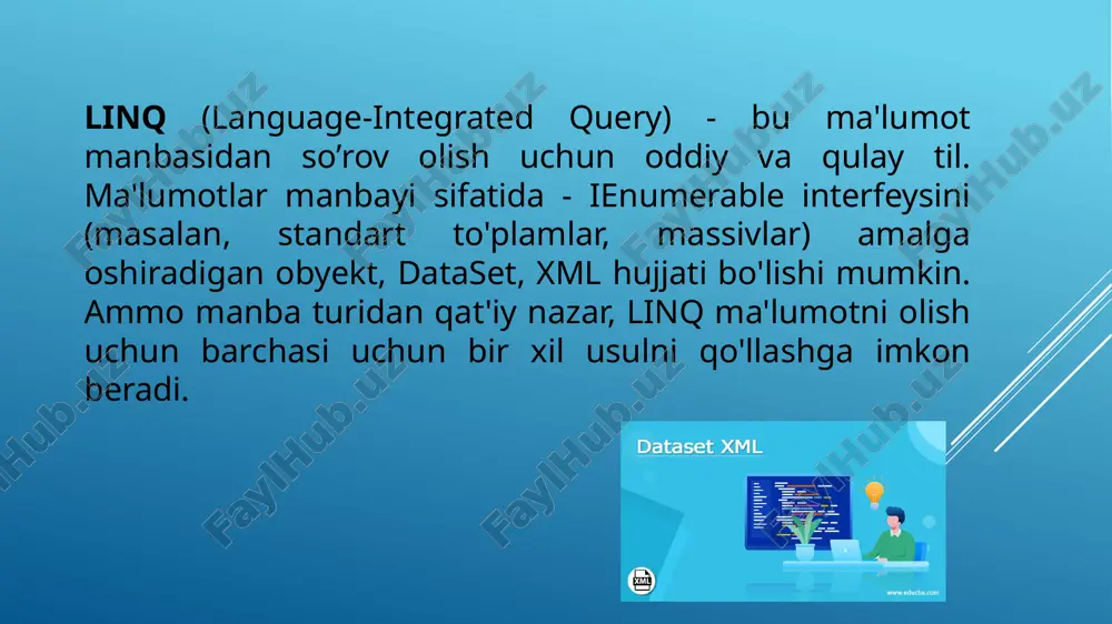 rishini aniqlaydi contains : to'plamda ma'lum bir element mavjudligini aniqlaydi distinct : to'plamdagi nusxalarni(bir xil elementlarni) olib tashlaydi except : ikkita to'plamning farqini, ya'ni faqat bitta to'plamda mavjud elementlarni qaytaradi union : ikkita bir xil to'plamlarni birlashtiradi intersect : ikki to'plamning kesishmasini, ya'ni ikkala to'plamda ham bo'lgan elementlarning kesishmasini qaytaradi count : to'plamdagi ma'lum bir shartga javob beradigan elementlar sonini hisoblaydi sum : to'plamdagi sonli qiymatlar yig'indisini hisoblaydi average : to'plamdagi sonli qiymatlarning o'rtacha qiymatini hisoblaydi min : minimal qiymatni topadi max : maksimal qiymatni topadi take : ma'lum miqdordagi elementlarni tanlaydi skip : ma'lum miqdordagi elementlarni o'tkazib yuboradi takewhile : agar shart to'g'ri bo'lsa, ketma-ketlik elementlari zanjirini qaytaradi skipwhile : ular berilgan shartni bajarishi sharti bilan elementlarni ketma-ketlikda o'tkazib yuboradi va keyin qolgan elementlarni qaytaradi concat : ikkita to'plamni birlashtiradi zip : ma'lum bir shartga muvofiq ikkita to'plamni birlashtiradi first : to'plamdagi birinchi elementni tanlaydi firstordefault : to'plamdagi birinchi …