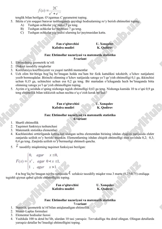 aba faqat sport bilan shug’ullanadi}; c={tanlangan talaba faqat bitta mashg’ulot bilan shug’ullanadi}. 5. guruхda 20 ta talaba bo‘lib, ulardan 4 tasi “a’lo”, 6 tasi “yaхshi” va 10 tasi “qoniqarli” o‘qiydigan talaba bo‘lsin. nazoratga tayyorlangan 15 ta biletda 2 tadan savol bo‘lib, savollar takrorlanmaydi. nazorat topshirish uchun yoki o‘zining biletidagi 2 ta savolga yoki bo‘lmasa o‘z biletining 1 ta savoliga va 1 ta qo‘shimcha savolga javob berish yetarli. “a’lo” o‘qiydigan talaba hamma 30 ta savolga javob biladi, “yaхshi” o‘qiydigan talaba 20 ta savolga, “qoniqarli” o‘qiydigan talaba esa 15 ta savolga javob bera oladi. тavakkaliga tanlangan talabaning nazorat topshirish ehtimolligini toping. fan oʻqituvchisi u. xonqulov kafedra mudiri k. qodirov fan: ehtimollar nazariyasi va matematik statistika 4-variant 1. ehtimolning xossalari 2. diskret tasodifiy miqdorlar 3. tasodifiy miqdorlar dispersiyasi 4. uzluksiz tasodifiy miqdorning zichlik funksiyasi butun oх o‘qida tenglik bilan berilgan. o‘zgarmas c parametrni toping. 5. ikkita o‘yin soqqasi baravar tashlanganda quyidagi hodisalarning ro‘y …