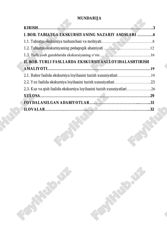 turizmni rivojlantirish”ga oid pf-5611-sonli farmon ham ekologik turizm va uning bolalar tarbiyasidagi pedagogik potensialini rivojlantirishni ko‘zda tutadi (cyberleninka.ru). tabiat – bu bolalarning birinchi sinfi. har bir faslda kichkina yuzaki botanika, ekologiya muammolari bilan bevosita tanishish, hayotiy tajribani to‘plash imkonini beradi. mavzu dolzarbligining o‘zi shunda: biz bugun bolaga kompyuter, telefon orqali emas, balki birinchi ta’sirni daraxt tagida, noma’lum gullarni tushunib, qushlar ovozini eshitib topshiramiz. agar bahorda borilsa, gullarning ochilishi, barglarning yashnashi, may oyida esa yangi hayot, totli mevalar. yozda - quyosh, chang, insectlar - bu ham hamma narsaning birinchi tajribasi. kuzda esa rangi bilan hayrat solishi, barglar qizarib, chirish, yer bilan tanishish, qishda esa sovuq, muz, tozaligining o‘zini his qilish – bu amalga atrof- muhitga nisbatan sezgirlikni shakllantiradi. har bir faslda qachon, qanday, qayerda ekskursiya uyushtirilsa, bola nafaqat ilm oladi, balki bu tajriba orqali qadrdonlik, ehtiyotkorlik, sayohat madaniyatini ham o‘ziga oladi. https://lex.uz/uz/docs/-6759745?utm_source=chatgpt.com https://lex.uz/docs/-6549286?utm_source=chatgpt.com https://cyberleninka.ru/article/n/o-zbekistonda-ekologik-turizmning-rivojlantirish-masalalari-buxoro-viloyati-misolida?utm_source=chatgpt.com 4 mavzuning dolzarbligi. mavzuning dolzarbligi aynan shu …