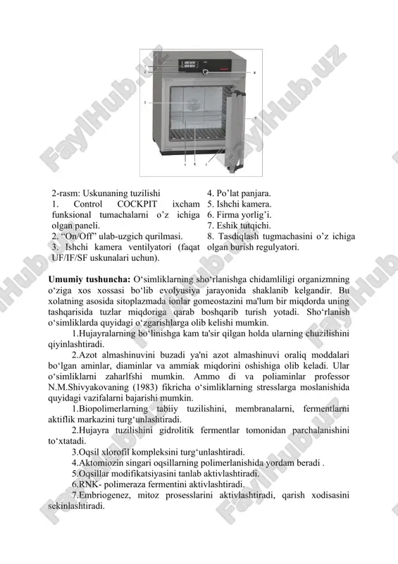 ing stresslarga moslanishida quyidagi vazifalarni bajarishi mumkin. 1.biopolimerlarning tabiiy tuzilishini, membranalarni, fermentlarni aktiflik markazini turg‘unlashtiradi. 2.hujayra tuzilishini gidrolitik fermentlar tomonidan parchalanishini to‘xtatadi. 3.oqsil xlorofil kompleksini turg‘unlashtiradi. 4.aktomiozin singari oqsillarning polimerlanishida yordam beradi . 5.oqsillar modifikatsiyasini tanlab aktivlashtiradi. 6.rnk- polimeraza fermentini aktivlashtiradi. 7.embriogenez, mitoz prosesslarini aktivlashtiradi, qarish xodisasini sekinlashtiradi. o‘simliklarda sitress sharoitida paydo bo`ladigan prolin aminokislotasi quyidagi vazifalarni bajarishi mumkin. 1.oqsillar suv muhitini va biopolimerlar tuzilishini himoyalaydi. 2.osmoregulyatorlar mexanzmi tarkibiga kirib suv faolligini boshqaradi. 3.prolin va oksiprolin saqlovchi glikoproteidlar tarkibiga kirib protoplazmaga elastiklik beradi. 4.stress tugagan davrdan so‘ng energiya va azot manbai bo‘lib hizmat qiladi. sho‘rlanishning hamma xillarida o‘simlik tuzlarning yuqori konsentratsiyasiga duch keladi. kationlardan ko‘proq na+, k+, mg2+ va ca2+ ta'siriga duch keladi. o‘simlik tomonidan na+ ionlarini ko‘plab o‘zlashtirishi k+ va mg2+ ionlarining hujayradagi miqdorini kamaytiradi. suvda tez eruvchan bo‘lgan na+ va k+ tuzlari o‘simlik rivojlanishi boshlang‘ich fazalarida ayniqsa yomon ta'sir qiladi, ya'ni ular ildizga passiv yoki aktiv yutilishi natjasida …