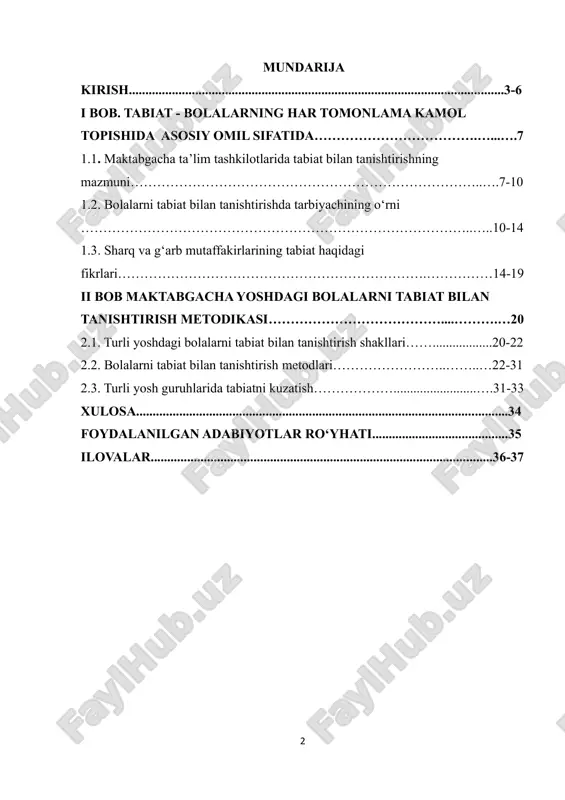 biatdan iboratdir. jonsiz tabiatga yer, quyosh, yulduzlar, suv, havo, toshlar, tuproq, jonli tabiatga esa o‘simliklar, hayvonlar, mikroorganizmlar, odamlar kiradi. maktabgacha yoshdagi bolalar tabiat bilan bog‘chaga kelayotganda va bog‘chadan ketayotganda to‘qnash keladilar. bunda bolalarda ko‘chada ko‘rgan, eshitgan va bilgan narsalari haqida bog‘chaga kelganlarida hammaga aytib beradigan bo‘ladilar. bu esa bolalarga ziyraklikga hamda ko‘chada hushyor bo‘lib yurish kerakligini o‘rgatadi. maktabgacha tarbiya yoshidagi va oiladagi bolalarning tabiat bilan tanishtirishda tarbiyachining va oila tarbiyachisining oldiga juda katta vazifalar qoyiladi. tabiatda bo‘layotgan voqea va hodisalarni bolalarga tushunarli, aniq, ravon, yoshiga mos holda yetkazish kerak va bu har bir tarbiyachi hamda oila tarbiyachidan talab etiladi. eng asosiysi tarbiyachi hamda oila tarbiyachisi bolalarga o‘zining yashab turgan joyining shart-sharoitlarini, undagi bo‘layotgan o‘zgarishlarni, o‘simliklarni, hayvonlarni va ularni qayerda uchratishmiz mumkinligi haqida bilim hamda tushunchalar berib borishi kerak. shunga asoslangan holda tarbiyachi o‘simliklarni o‘stirish, hayvonlarni parvarishlash hamda ular bilan ehtiyotkorlik munosabatida bo‘lish malakalarini tarbiyalab boradilar. tabiatga nisbatan muhabbat uyg‘otish ona …