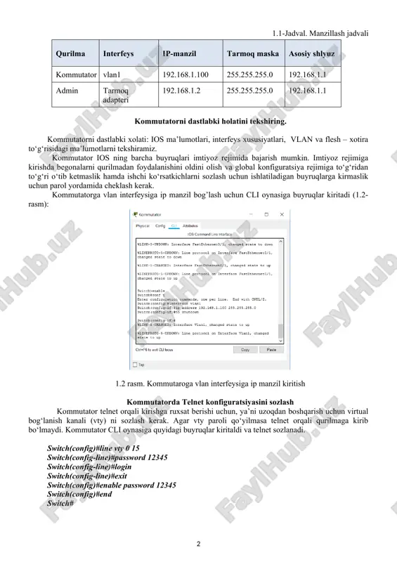 ‘rtasidagi uzatilayotgan ma’lumotlarni ham himoyalaydi. ssh tcp-port 22 ni, telnet tcp-port 23 ni ishlatadi. ishni bajarish tartibi topologiyaga mos ravishda kabellarni ulang cisco pascet tracer dasturida kompyuter va kommutator yordamida lokal tarmoq quring. (1.1-rasm). jadvalga mos holda ip manzil beriladi 1.1-rasm. cisco pascet tracer dasturida lokal tarmoq sxemasi 1.1-jadval. manzillash jadvali qurilma interfeys ip-manzil tarmoq maska asosiy shlyuz kommutator vlan1 192.168.1.100 255.255.255.0 192.168.1.1 admin tarmoq adapteri 192.168.1.2 255.255.255.0 192.168.1.1 kommutatorni dastlabki holatini tekshiring. kommutatorni dastlabki xolati: ios ma’lumotlari, interfeys xususiyatlari, vlan va flesh – xotira to‘g‘risidagi ma’lumotlarni tekshiramiz. kommutator ios ning barcha buyruqlari imtiyoz rejimida bajarish mumkin. imtiyoz rejimiga kirishda begonalarni qurilmadan foydalanishini oldini olish va global konfiguratsiya rejimiga to‘g‘ridan to‘g‘ri o‘tib ketmaslik hamda ishchi ko‘rsatkichlarni sozlash uchun ishlatiladigan buyruqlarga kirmaslik uchun parol yordamida cheklash kerak. kommutatorga vlan interfeysiga ip manzil bog’lash uchun cli oynasiga buyruqlar kiritadi (1.2-rasm): 1.2 rasm. kommutaroga vlan interfeysiga ip manzil kiritish kommutatorda telnet konfiguratsiyasini sozlash …