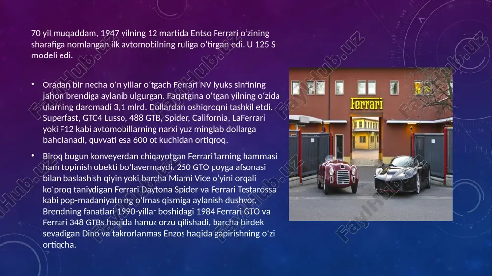 — kishnayotgan ot tushirilgan mashhur emblema, mavzusi esa — “hissiyotlarda harakatga kelish”. ferrari thomassima — juda noyob model. bor yo‘g‘i uchta shunday avtomobil ishlab chiqarilgan: thomassima i suv toshqini vaqtida nobud bo‘lgan, thomassima iii italiyaning modena shahridagi ferrari muzeyidan joy olgan. suratda esa shimoliy kaliforniyada xususiy mulk sifatida foydalanilayotgan thomassima ii tasvirlangan. u 1966 yilda ferrari 330 p4ga ehtirom sifatida ekspluatatsiyaga kiritilgan. ma’lumki, maserati ishlab chiquvchilari ushbu modelning yaratilishida katta xizmat qilishgan. avtomobilni har ikki kompaniya injyenerlari yaratishgan, chunki ferrari’ning yetakchi ixtirochisi tom mid ilgari maserati’ning poyga avtomobillari bo‘limida ishlagan. britaniyalik komik piter sellers va uning xotini, shved aktrisasi britt eklend 1965 yilning oktabrida 400 ot kuchiga ega ferrari 500 superfast’ni tomosha qilishmoqda. sellers avtomobilni hozirgina erls-kort (london) dagi avtosalondan 11,5 ming funt-sterlingga xarid qilgan. ferrari superfast seriyasini 1964 yildan 1966 yilgacha ishlab chiqargan va uni 2017 yilda qaytadan ishlab chiqarmoqchi. birinchi seriyada bor-yo‘g‘i 25 avtomobil bo‘lgan, ikkinchisida esa 12 …