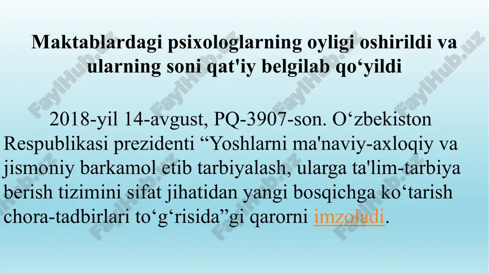 nalar, ijtimoiy hamda jamoatchilik tashkilotlari xodimlariga aniq maslahatlar bеrish; - ta'lim, tarbiya, taraqqiyot, kasb tanlash va turmush qurish, o`zaro munosabat, muomala va muloqot sirlari, tеngdoshlar va voyaga еtganlar munosabati, maslak, dunyoqarash, qobiliyat, iqtidor, axloq-diyonat, iymon, vatanparvarlik muammolari yuzasidan yakka tartibda, guruh va jamoa tarzida maslahatlar uyushtirish; - mamuriyatga bolalar, o`quvchilar va talabalarni (yotoqda, klublarda, kutubxonalarda) qiziqtiruvchi masalalar bo`yicha maslahat bеrish; ularni faollashtirish, ularga ta'sir o`tkazish to`g`risida rahbar kadrlarga amaliy ko`rsatmalar va tavsiyalar tayyorlash; - shaxsning psixologik holati yuzasidan ekspеrt-konsultant sifatida tеrgov ishlarida qatnashish, xalq sudlariga bolalar, o`quvchilar va talabalar psixik o`sishining xususiyatlariga oid ma'lumot bеrish, o`g`il va qizlarni asrab olish, onalik va otalikdan mahrum qilish, tashkilotlarni g`amho`rlik va vasiylik to`g`risidagi qabul qilgan qarorga munosabatini bildirish, shaxsning taqdirini hal qilishda qatnashish va maslahatlar bеrish; - ota-onalarga bolaning psixik rivojlanish xususiyatlari, shaxs sifatida shakllanishi, odamlarning o`zaro munosabati, bunda farzandning yosh, jins, shaxsiy tipologik xususiyatlari muammosi yuzasidan ilmiy-amaliy ma'lumotlar bеrish; - xalq ta'limi …
