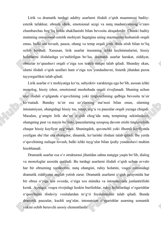 li o‘qish usullari ham o‘ziga xos yondashuvni, fonetik jihatdan puxta tayyorgarlikni talab qiladi. lirik asarlar o‘z mohiyatiga ko‘ra, subyektiv xarakterga ega bo‘lib, asosan ichki monolog, hissiy izhor, emotsional mushohada orqali rivojlanadi. shuning uchun ular ifodali o‘qilganda o‘quvchining yoki tinglovchining qalbiga bevosita ta’sir ko‘rsatadi. bunday ta’sir esa so‘zlarning ma’nosi bilan emas, ularning intonatsiyasi, ohangidagi hissiy tus, temp, urg‘u va pauzalar orqali yuzaga chiqadi. masalan, g‘amgin lirik she’rni o‘qish chog‘ida nutq tempining sekinlashuvi, ohangning past va mayin bo‘lishi, pauzalarning uzoqroq davom etishi tinglovchida chuqur hissiy kayfiyat uyg‘otadi. shuningdek, quvonchli yoki ilhomli kayfiyatda yozilgan she’rlar esa ohangdor, dinamik, ko‘tarinki ifodani talab qiladi. bu yerda o‘quvchining nafaqat tovush, balki ichki tuyg‘ular bilan ijodiy yondashuvi muhim hisoblanadi. dramatik asarlar esa o‘z strukturasi jihatidan sahna nutqiga yaqin bo‘lib, dialog va monologlar asosida quriladi. bu turdagi asarlarni ifodali o‘qish uchun avvalo har bir obrazning xarakterini, nutq ohangini, ruhiy holatini, voqea zaminidagi dramatik ziddiyatni anglab yetish zarur. dramatik …