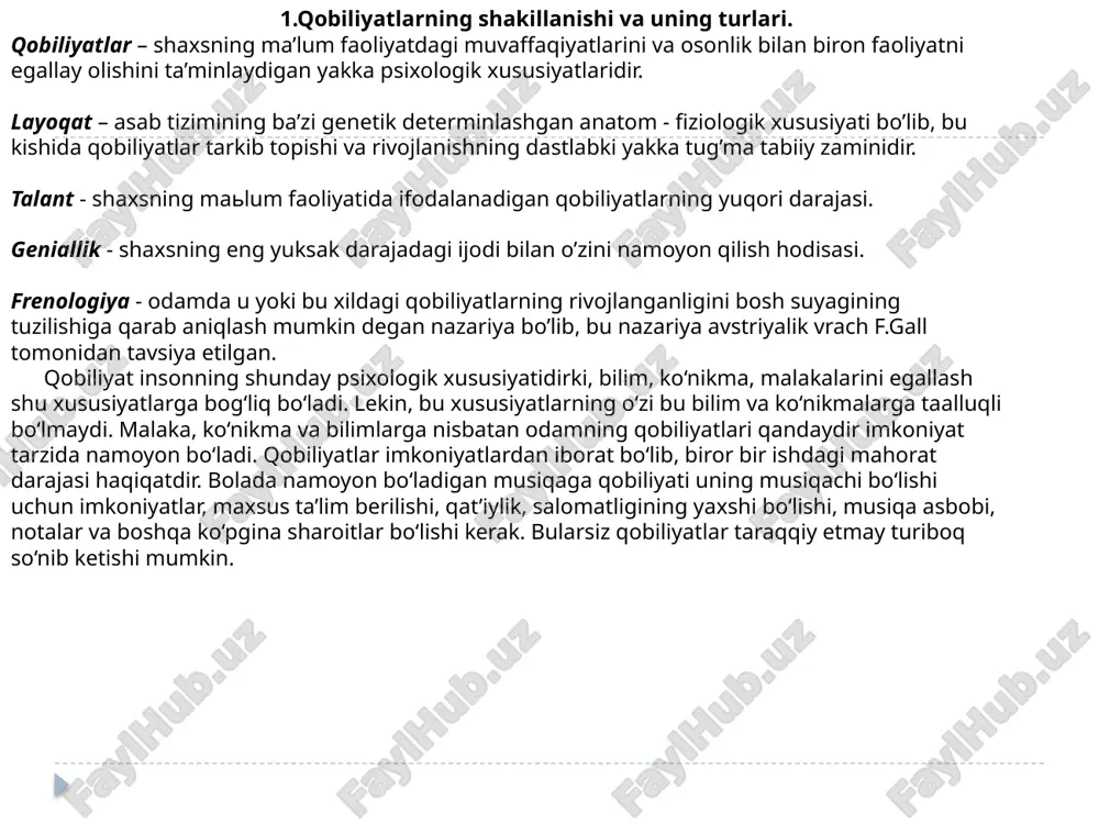mumkin bo‘lmagan faoliyatlardagina namoyon bo‘ladi. o‘quvchida ham zaruriy ko‘nikma va malaka tizimi hamda mustahkam bilimlar tarkib topish uslublari yo‘qligiga asoslanib, jiddiy tekshirib ko‘rilsa, shoshilinch ravishda unda qobiliyatlar yo‘q, deb xulosa chiqarish pedagogning jiddiy psixologik xatosi bo‘ladi. masalan, albert eynshteyn o‘rta maktabda uncha yaxshi o‘qimaydigan o‘quvchi hisoblangan va uning kelajakda genial bo‘lishidan hech narsa dalolat bermas edi. qobiliyat bilim va malakalarning o‘zida ko‘rinmaydi, balki ularni egallash tizimida namoyon bo‘ladi ya’ni, boshqacha qilib aytganda mazkur faoliyat uchun muhim bo‘lgan bilim va ko‘nikmalarni o‘zlashtirish jarayonida turli sharoitlarda qanchalik tez, chuqur, engil va mustahkam amalga oshirishida namoyon bo‘ladi. qobiliyatlar individual psixologik xususiyatlar bo‘lishi bilan aql sifatlari xotira xususiyatlariga, hissiy xususiyatlar va shu kabilarni qarama-qarshi qo‘yib bo‘lmaydi, hamda qobiliyatlarni shaxsning bu xususiyatlari bilan bir qatorga qo‘yish ham mumkin emas. agar shu sifatlarning birortasi yoki ularning yig‘indisi faoliyat talablariga javob bersa yoki bu talablar ta’siri bilan tarkib topsa bu shaxsning mazkur individual xususiyatlarini qobiliyatlar deb hisoblashiga …