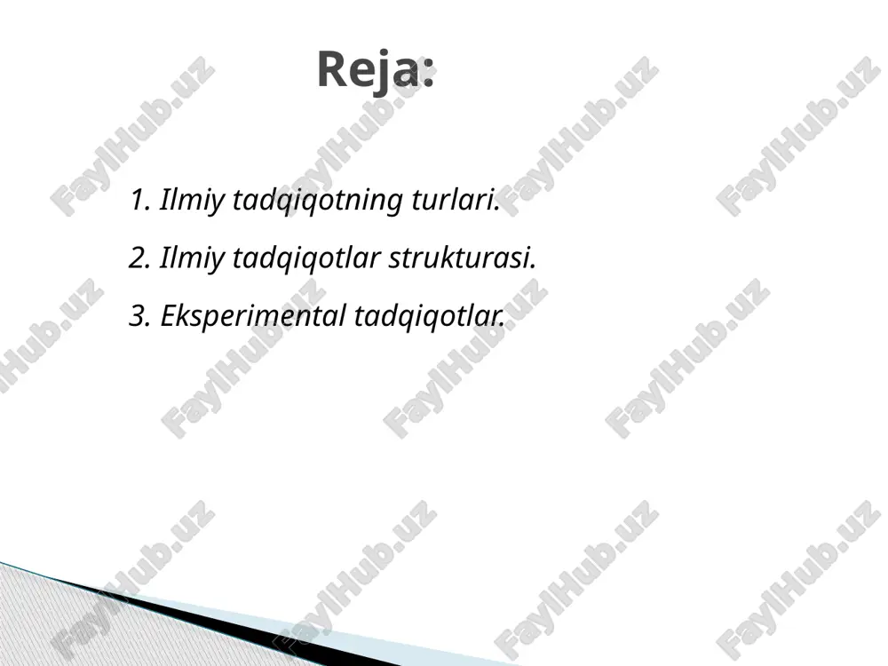(kashf etish) voqeliklar orasidagi bog‘liqliklarni ochib berish va yangi nazoratlar yaratishdir. (masalan, elektromagnit maydon nazariyasi agroinjeneriyada resurslar tejamkorligi ilmiy – metodologiyasini yaratish, energiyani muhitda harakatlanishi qonunini va h.k.lar) 2.1-rasmda keltirilgan sxemada loyihalash va o‘zlashtirish bosqichlari bir vaqtning o‘zida fan va texnika sohalariga tegishli hisoblanadi. shuningdek, fundamental tadqiqotlar va ishlab chiqarish oralig‘ida o‘zaro bog‘langan bosqichlar: amaliy tadqiqotlar – ishlanma – loyiha joylashgan. bilish – ilmiy izlanishlar (tadqiqotlar) yordamida amalga oshiriladigan bilmaslikdan bilimga, chala yoki noaniq bilimlardan to‘laroq va aniq bilimlarga inson onggi va tafakkuri yo‘naltirilgan murakkab jarayondir. ilmiy tadqiqotlar strukturasi. ilmiy izlanishlar (tadqiqotlar) – obyektiv borliqni, qonuniyatlar va real dunyo voqeliklari orasida bog‘liqlikni anglab yetish – bilish jarayonidir. ilmiy tadqiqotlar bosqichma-bosqich amalga oshiriladi va texnika yo‘nalishida ko‘pgina holatlarda 2.2-rasmda keltirilgan strukturaga monand ketma-ketlikda tashkil etiladi. ilmiy tadqiqotlar olib borishni har bir bosqichida ilmiy muammoni (masalani) umumiy yechimi bilan bog‘liq ilmiy izlanishlar olib boriladi. ilmiy tadqiqotning birinchi bosqichida nafaqat tadqiqot olib boriladigan …