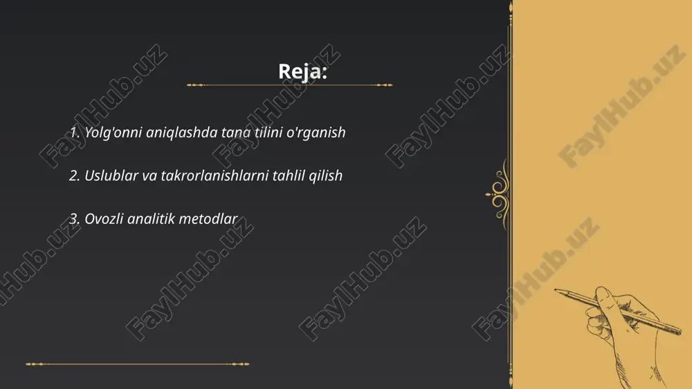 llarga yetgan. ovozli analitik dasturlar qo'llash sohasi keng: telekommunikatsiya, mijozlarga xizmat ko'rsatish, sog'liqni saqlash va qidiruv tizimlari. 75% korxonalar ovozli yordamchilarni foydalanuvchilar tajribasini yaxshilashda qo'llamoqda. bu texnologiyalar nutq so'zlashuvining 85-95% aniqlikda tanish imkonini beradi. modellarni o'qitishda katta hajmdagi ovozli ma'lumotlar to'plami talab etiladi. ... t.me/slaydai_bot mikroifodalarni taniqlash - bu inson yuzidagi mikroifodalarni aniqlash va tahlil qilish jarayoni. mikroifodalar insonning his-tuyg‘ularini qisqa vaqt, ko‘pincha bir soniya ichida ifodalaydi. ushbu texnologiya psixolog pol ekman tomonidan kashf etilgan. mikroifodalar asosan 43 ta yuz mushaklari harakati orqali yuzaga keladi. tadqiqotlar shuni ko‘rsatdiki, bu ifodalar 7 ta asosiy his-tuyg‘ularni aniqlashda yordam beradi: xursandlik, g‘azab, qo‘rquv, kutilmaganlik, qayg‘u, nafrat va befarqlik. mikroifodalarni aniqlashning aniqligi zamonaviy texnologiyalar yordamida 90% dan ortiq bo‘lishi mumkin. bu texnologiyalar xavfsizlik, tibbiyot va inson resurslari sohalarida qo‘llaniladi. verbal yolgon aniqlash texnikalari shodiyev o o e'tiboringiz uchun raxmat! image1.jpeg image2.png image3.png image4.jpeg /docprops/thumbnail.jpeg
