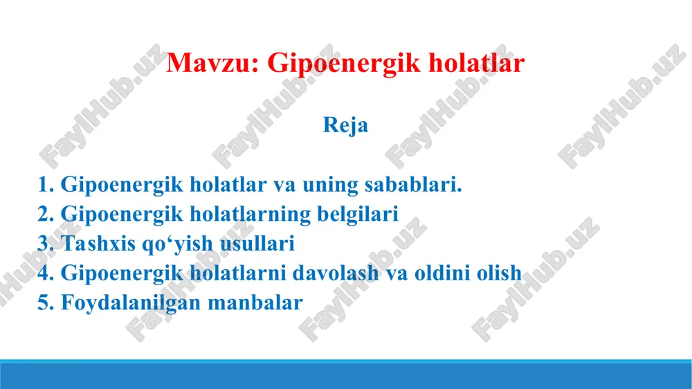 energiya almashinuvi jarayonlarini izdan chiqaradi. d) oziqlanishning yetishmasligi: tanaga zarur bo‘lgan oqsillar, yog‘lar va uglevodlarning kam qabul qilinishi energiya ishlab chiqarishni to‘xtatadi. vitamin va mineral yetishmovchiligi, ayniqsa b guruh vitaminlari (b1, b2, b6, b12) va temir tanqisligi, energiya ishlab chiqarishga bevosita ta’sir qiladi. e) yallig‘lanish va surunkali kasalliklar: kronik yallig‘lanish metabolik jarayonlarni buzadi va organizmni zaiflashtiradi. ayrim autoimmun kasalliklar (masalan, revmatoid artrit yoki lupus) metabolizmga bevosita zarar yetkazadi. metabolik buzilishlarning oqibatlari: a) organizm energiya tanqisligi: jismoniy va ruhiy charchoqning kuchayishi, tana haroratining pasayishi. mushaklarning zaiflashuvi va massasining kamayishi. b) ortiqcha vazn yoki vazn yo‘qotish: metabolizm sekinlashganda ortiqcha vazn yig‘ilishi mumkin. energiya ishlab chiqarish to‘xtaganda esa ortiqcha vazn yo‘qotilishi kuzatiladi. c) ichki organlarning ishlashidagi buzilishlar: yurak-qon tomir tizimi, asab tizimi va ovqat hazm qilish tizimining zaiflashuvi. jigar va buyrak faoliyatining yomonlashuvi (detoksifikatsiya jarayonlari buziladi). d) immunitet pasayishi: hujayralar energiya yetishmasligidan normal darajada faoliyat yuritolmaydi. 2. endokrin tizim kasalliklari: endokrin tizim organizmdagi …