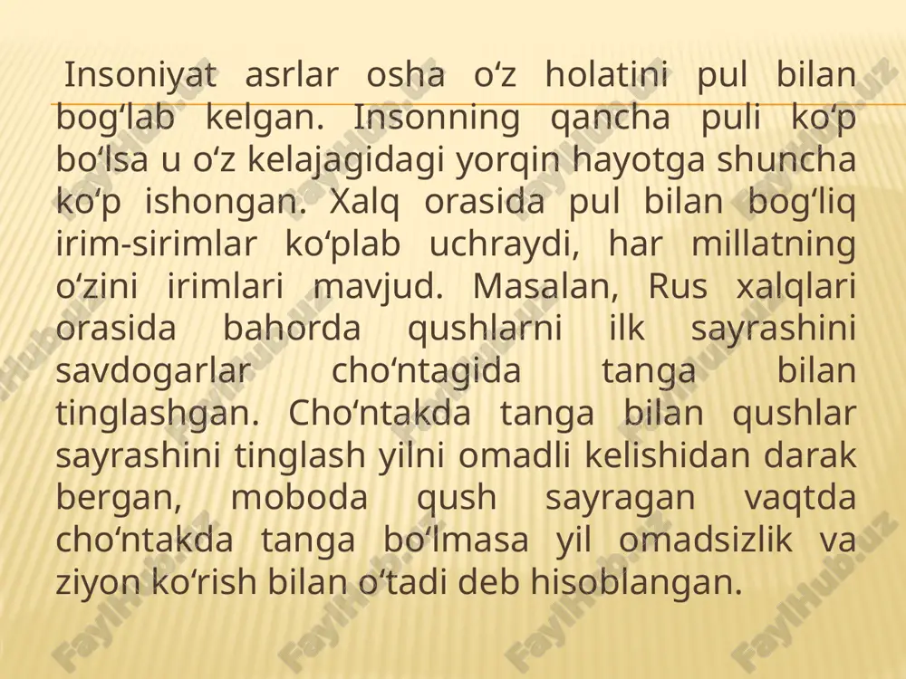 i pullar asosan xar-xil rituallar vaqtida ishlatilgan xolos. xozir esa ular umuman boshqa maqsadlarda qo‘llanilmoqda. umrbod qarzdorlar keltlar ( xind-evropoid qabilalari — eramizdan 1500-1000 yllarda g‘arbiy va markaziy yevropa xududida istiqomat qilishgan ) pullarga nisbatan g‘ayrioddiy munosabatda bo‘lishgan. ular o‘z yaqinlaridan tez-tez qarzga pul so‘rashgan va olgan qarzlarini albatta narigi dunyoda qaytarib berishni va’da qilishgan. xamma banknotlar xam qog’ozdan tayyorlanmaydi malayziyada, vetnamda va avstraliyada qog‘oz pullar qog‘ozdan tayyorlanmaydi. ularni tayyorlash uchun yupqa plastikadan foydalaniladi, chunki bunday xolatda pullar o‘zining mustaxkamligi va bakteriyalarni to‘plamasligi bilan ajralib turadi. 100 000 dollarlik banknot ushbu banknot qachonlardir amerikada chiqarilgan. u oddiy odamlarga berilmagan, faqatgina moliya muassasalari o‘rtasidagi xisob-kitoblardagina foydalanilgan. ma’lumot uchun, uni chiqarish 30 000 dollarga tushgan. pullarda reklama 2004 yilda amerikada banknotlarga reklama joylashtirish xaqidagi qonun loyixasi taklif qilingan edi. lekin bu taklif qo‘llab-quvvatlanmadi, lekin qachonlardir bu g‘oya amalga oshirilishi extimoldan xoli emas. tangalarda portretlarni zarb qilinishi qadim zamonlardan buyon xukmdorlarning portretini pullarga …