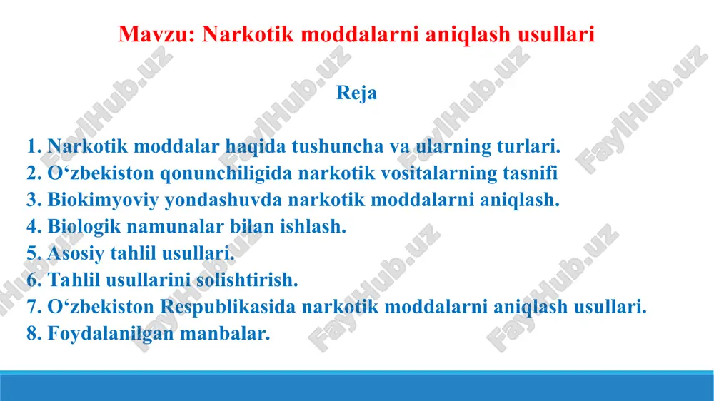 asida narkotik moddalar muomalasi qat’iy tartibga solingan. ushbu tartib “narkotik vositalar va psixotrop moddalar to‘g‘risida”gi qonun (1999-yil 19-aprel) asosida olib boriladi. qonun narkotik vositalar va psixotrop moddalarning ro‘yxatini tasdiqlaydi va ularni tibbiy, ilmiy va o‘quv maqsadlaridan tashqari ishlatishni taqiqlaydi. o‘zbekistonda narkotik moddalar quyidagi uchta asosiy ro‘yxat asosida tasniflanadi: 1-guruh (to‘liq taqiqlangan moddalar): kuchli qaramlik chaqiruvchi va tibbiyotda foydalanishga ruxsat etilmagan moddalar. misollar: lsd, heroin, mdma (ekstazi). 2-guruh (qisman ruxsat etilgan, ammo qat’iy nazorat ostida): tibbiyotda cheklangan hollarda foydalaniladi, kuchli qaramlik xavfi mavjud. misollar: morfin, kodein, fentanil. 3-guruh (psixotrop moddalar): psixik faoliyatga ta’sir qiluvchi, qaramlik chaqiruvchi moddalar. misollar: diazepam, fenobarbital, alprazolam. mazkur tasnif bo‘yicha har bir modda yoki birikma uchun “narkotik vositalar, psixotrop moddalar va ularning prekursorlari ro‘yxati” mavjud bo‘lib, o‘zbekiston respublikasi sog‘liqni saqlash vazirligi, ichki ishlar vazirligi va davlat bojxona qo‘mitasi tomonidan birgalikda tasdiqlanadi va yangilanib boriladi. narkotik moddalar haqida to‘g‘ri tushuncha va ularning turlari to‘g‘risidagi bilimlar tibbiyot, farmatsiya, biokimyo …