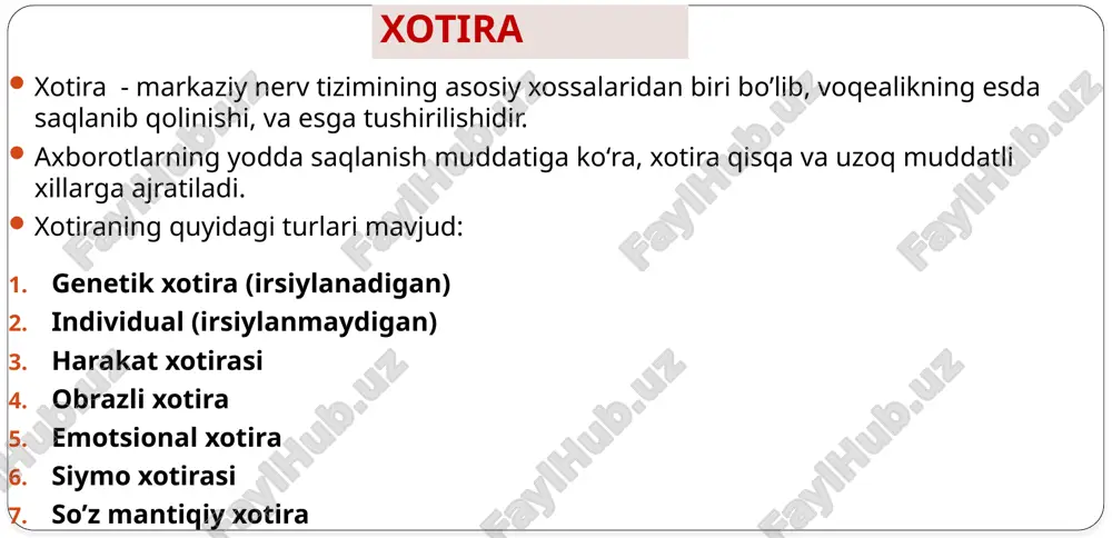 nlash xususiyatyga ega. ayni vaqtning o'zida bir nechta guruxning suhbatida ishtirok etishga harakat qilish mumkin. ammo, gap jiddiy narsalar ustida ketganda, ular o’rtasidagi gap- so'zlarning mag‘ziga yetolmaysiz. bosh miya bosh miya kalla suyagi ichida joylashgan, sferoid shaklga ega. odamda bosh miya massasi 1300 -2000 g yetishi mumkin. odamning aqliy darajasi bilan miya og‘irligi orasida bog‘lanish isbotlanmagan. embrional rivojlanishning boshlang‘ich davrlarda gavdani orqa tomonida joylashgan nerv naychasini oldingi uchidan kengayma hosil bo‘lib, birin ketin oldingi, o‘rta va orqa miya pufaklari hosil bo‘ladi. so‘ng oldingi va orqa miya pufaklari yana ikkitadan miya pufaklariga bo‘linadi va natijada beshta miya pufaklari hosil bo‘ladi. keyingi miya (uzunchoq miya va ko’prik) uzunchoq miya konussimon shaklga ega, u pastki tomonda orqa miya, yuqori tomonda ko’prik bilan chegaralanadi. uzunchoq miyani oldingi yuzasida o‘rta yoriq o‘tadi, uning ikki tomonidan esa ikkita tizimcha shaklida piramidalar joylashgan. uzunchoq miyani orqa yuzasidan orqadagi o‘rta egat o‘tadi. orqadagi o‘rta egatning chap va o‘ng …