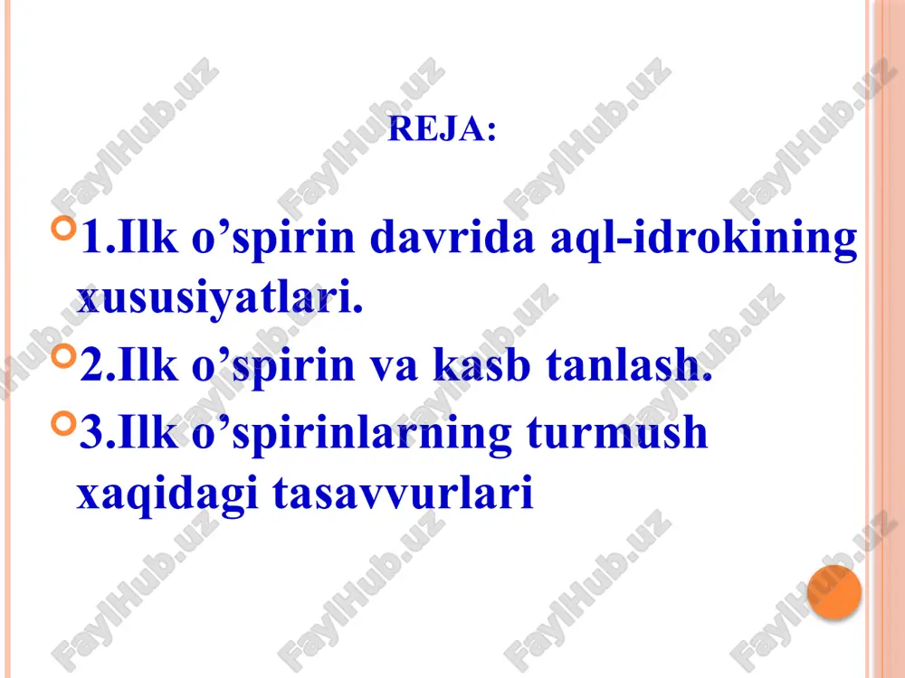 va qon tomirlarning rivojlanishida o‘smirlarga xos bo‘lgan notekislik endi tekislashadi, qon bosimi baravarlashadi, ichki sekretsiya bezlari bir me’yorda bo’ladi. ilk o‘spirinlik davrini ikkinchi olish davri deb hisoblash mumkin. agar birinchi olish davri ko‘proq bolalikka yaqin bolsa, ikkinchi olish davrida bolgan o‘spirin ko‘proq yoshlik davriga yaqindir va shu jihatidan o‘rganiladi hamda tadqiq etila boshlaydi. rus psixologi l.s.vigotskiy 1920-yillardayoq ilk o‘spirinlar haqida nazariyalar ko’pligini ta’kidlagan edi. ilk o‘spirinlar haqida 3ta yirik yo’nalishlarni ajratib ko’rsatish mumkin. birinchi yo’nalish biogenetik yo‘nalish deb ataladi, uning asosida yetilishning biologik jarayonlari yotadi. ikkinchi yo’nalish sotsiogenetik yo’nalish deb ataladi, unda asosiy e’tibor ijtimoiylashuvga qaratiladi. uchinchi yo‘nalish psixogenetik deb atalib, uning asosida psixik jarayonlar va funksiyalarning rivojlanishi yotadi. taraqqiyotning biogenetik nazariyalarida rivojlanishning biologik determinantlariga asosiy urg‘u beriladi. rivojlanish jarayonining o‘zi bosqichlari universal bolgan yetilish sifatida talqin etiladi. bu yo‘nalishning yorqin namoyandalaridan biri xx asr amerikalik psixolog s.xolldir. uning ta’kidlashicha, rivojlanish psixologiyasining asosiy qonuni biogenetik «rekapitulyatsiya qonuni» hisoblanadi, unga ko’ra …