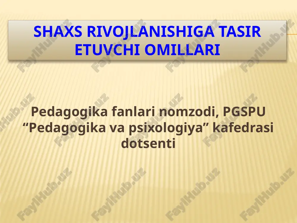 ihalash). shaxsga aylangan shaxs hayotda faol va ijodiy o'zini namoyon etgan asl shaxsdir. inson rivojlanishi / shaxsiyatning shakllanishi rivojlanish oddiydan murakkabga izchil, progressiv o'zgarish sifatga aylanadigan miqdoriy xususiyatlarning to'planishi rivojlanish miqdoriy va sifat o'zgarishlari jarayoni → - anatomik va fiziologik etuklik; - asab tizimi va psixika; - faollik, dunyoqarash, axloq rivojlanish anatomik tushunchasi - bu o'zgarishlar (insonning hayoti davomida sodir bo'ladigan jismoniy, ruhiy) rivojlanish jarayon chiziqli emas noto'g'ri spazmodik sensitiv (qulay) davrlarning mavjudligi shaxsni shakllantirish tashqi ta'sir ostida paydo bo'ladi (chorshanba, ota-onaning yoshi, onaning tanasi tarbiya, moddiy sharoitlar, kattalar, tengdoshlar ta'siri) va ichki ta'sirlar (tananing tuzilishi, uning fiziologik va ruhiy xususiyatlari: irsiyat, moyillik, moyillik) shaxsni shakllantirish bu ijtimoiy, psixologik o'zgarishlarning o'ziga xos xususiyati bu inson rivojlanishining natijasidir turg'un xususiyat va sifatlar to'plamini shakllantirish, egallashdir shaxsni shakllantirish harakatlantiruvchi kuchlar - ziddiyatlar - o'rtasida tashqi muhit sharoitlari va talablari va hozirgi paytda inson uchun mavjud tashqi sharoitlar ichki imkoniyatlar irsiyat chorshanba moddiy …