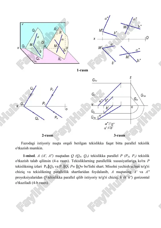 h‛ h") gorizontal o'tkaziladi (4-b rasm). 4-rasm bu gorizontalning frontal izi h"v yasalib undan izlangan p tekislikning pv izi berilgan tekislikning qv iziga parallel qilib o'tkaziladi. so'ngra pv ∩ ox =px nuqtasidan q tekislik- ning qh iziga parallel qilib izlangan tekislikning ph izi o'tkaziladi. 2-misol. e (e‛, e") nuqtadan a (a', a") va b (b', b") parallel chiziqlar bilan berilgan tekislikka parallel tekislik o'tkazish talab qilinsin (5-a rasm). 5-rasm bu misolni yechish uchun berilgan tekislikka tegishli ixtiyoriy c(c', c") to'g'ri chiziqni o'tkazib, so'ngra e nuqtaning e‛ va e" proyeksiyalaridan a va s chiziqlar proyeksiyalariga mos ravishda parallel qilib o'tkazilgan m'∩n',m"∩n" kesishuvchi chiziqlar proyeksiyalari izlangan tekislik proyeksiyasi bo'ladi. tekislikka tegishli bo'lmagan nuqtadan mazkur tekislikka parallel bo'lgan cheksiz ko'p to'g'ri chiziqlar o'tkazish mumkin. bunday to'g'ri chiziqlar to'plami berilgan tekislikka parallel bo'lgan tekislikni ifodalaydi. tekisliklarning perpendikulyarligi ta'rif. agar ikki tekislik umumiy ikki nuqtaga ega bo'lsa bu tekisliklar o'zaro kesishuvchi deyiladi. ikki p va …