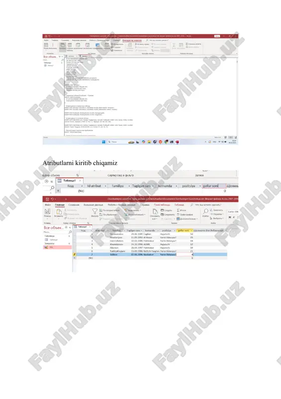 digan hisobot (printable report) – chop etish uchun maxsus formatlangan hisobot yaratish usullari: report wizard (hisobot ustasi) – tayyor shablonlardan foydalanish design view (dizayn rejimi) – hisobotni qo‘lda yaratish va sozlash report view (ko‘rish rejimi) – tayyor hisobotni ko‘rish va tahrirlash makroslar: ms accessda makroslar va ularning mazmuni 1. makros nima? ms access-da makros — bu turli harakatlarni avtomatlashtirish uchun ishlatiladigan buyruqlar ketma-ketligidir. ular foydalanuvchi tomonidan ma’lum bir harakat bajarilganda (masalan, tugmani bosganda) avtomatik ravishda ishlaydi. 2. makroslarning asosiy turlari makroslar oddiy va murakkab bo‘lishi mumkin: oddiy makroslar — bitta yoki bir nechta buyruqlarni bajaradi (masalan, shaklni ochish, hisobotni chop etish). murakkab makroslar — shartli operatorlar (if/else) va bir nechta buyruqlar ketma-ketligini o‘z ichiga oladi. 3. ms accessdagi asosiy makros harakatlari openform – ma'lum bir shaklni ochadi. openreport – hisobotni ochadi. runquery – so‘rovni ishga tushiradi. msgbox – xabar oynasi chiqaradi. setvalue – maydon qiymatini o‘zgartiradi. gotorecord – joriy yozuvni …