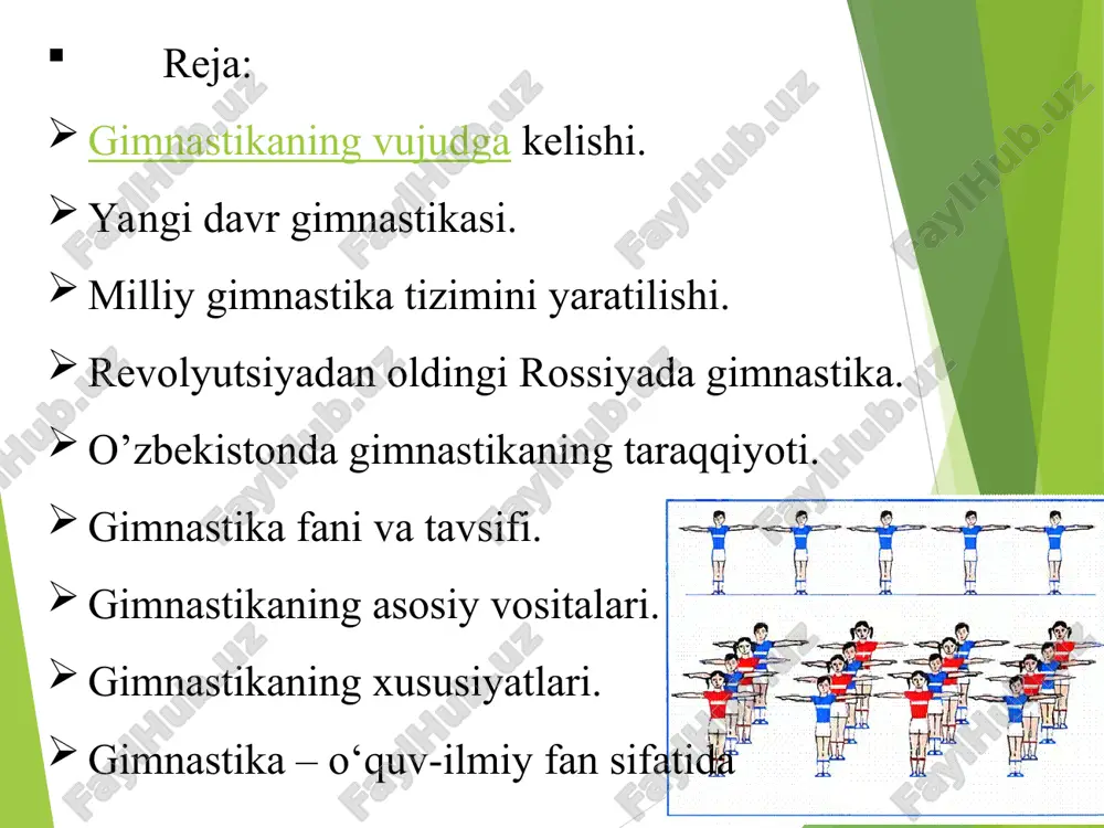 tli metodik ko'rsatmalar berdiki, ular xanuzchaga axamiyatini yo'qotmagan. xviii asr oxirlariga kelib yangi zamon gimnastikasining nazariy asoslari ko'zga tashlana boshladi. fit ( 1763-1836) guts-mutslar ( 1759-1839 yillar) xviii-xix asrlardagi gimnastika tizimisiga kirgan ayrim mashqlar qadimgi rimda hamda bir qancha g`arbiy evropa mamlakatlaridagi o`rta asrlar-davridayoq harbiya-jismoniy tayyorgarlik ko`rishda qullanilgan edi. yog`och ot (yog`och kon`) da, narvon va raqib qal`alariga hujum qilishni o`rgatishda qullanadigan boshqa inshoatlardagi mashqlar shular jumlasiga kiradi. akrobatik mashqlar va arqon ustidagi mashqlarni darbadarlikda yurgan artistlar namoyish qilardilar. milliy gimnastika tizimlarining vujudga kelishi milliy gimnastika tizimlarining yaratilishi xix asr boshlariga to'g'ri keladi bu ijtimoiy talablar oqibati edi. urush qilish usullari bir vaqtda xarakat qilishni buyruqlarning aniq bajarilishini, jang maydonida saflanishlarni va xaqozolarni talab qilar edi. usha vaqt pedagoglari va vrachlariga gimnastika yoshlarni jismoniy tarbiyalashning birdan-bir to'g'ri metodi bo'lib ko'rinlar xix asrning birinchi yarmiga kelib gimnastika taraqqiyotida uchta yo`nalish ko`zga tashlana boshladi: gigienik yo`nalish (gimnastika odamning salomatligini mustahkamlash va jismoniy …