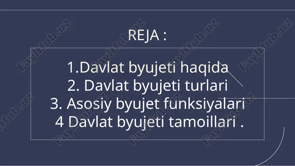 ta taqsimlash funksiyasi 2 byudjetning qayta taqsimlash funksiyasi aniq maqsadli bydjet xarajatlariga tegishlidir. davlat umumiy xo’jalik sub’ekti sifatida faoliyat yuritib, takror ishlab chiqarish jarayoni barcha ishtirokchilarining iqtisodiy manfaatlarini hisobga oladi, shuning uchun xam byudjet xarajatlari hamma soha va tarmoqlarni qamrab oladi. agar taqsimlashning birinchi bosqichida byudjet mablag’lari milliy daromadda davlatning ulushi sifatida maydonga chiqsa, uning ikkinchi bosqichida esa ana shu ulush qismlarga bo’linadi va ko’p sonli kanallar orqali turli tadbirlarni moliyalashtirishga va fondlarni shakllantirishga yo’naltiriladi. davlat byudjetining nazorat funksiyasi davlat byudjetining nazorat funksiyasi ham o’ziga xos bo’lgan xususiyatlarga ega. byudjetning milliy iqtisodiyot bilan uzviy bog’liqligi takror ishlab chiqarishning barcha bo’linmalarida ahvolning qandayligi to’g’risida ma’lumotlar bilan doimiy ta’minlab turadi. milliy iqtisodiyot istalgan bir sohasi yoki korxonaning moliyaviy ahvoli, albatta, davlat byudjeti bilan bo’ladigan o’zaro munosabatlarda – soliqlarda, to’lovlarda, . byudjetdan moliyalashtirish hajmlarida, byudjet assignovaniyalarini . o’zlashtirishda va hokazolarda – o’z ta’sirini ko’rsatadi. yaim hajmi davlat byudjet xarajatlari 318,5 trillion sum davlat …