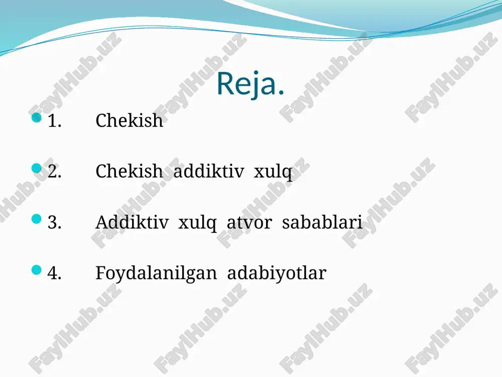 o‘z faoliyati umumiy mexanizmiga ega bo‘ladi. masalan, o‘taketgan kashanda, sigaretlardan voz kechsa, doimiy ravishda ovqat yegisi keladi. geroinga qaram bo‘lgan odam, uni qabul qilishni to‘xtatsa, alkogolli ichimliklarga berilib ketishi mumkin. addiktiv xulq birdaniga paydo bo‘lmaydi. u qaramlikni beto‘xtov shakllantirish va rivojlantirish jarayonidir. bu giyohvandlik misolida juda yaxshi kuzatiladi. u ruhiy (psixologik) holatni yaxshilaydigan giyohvandlik moda bilan tanishishdan boshlanadi. ijobiy hissiyotlarni olish, kelgusi giyohvandlik moddalariga qaramlilik obyekti bilan qayta uchrashishga undaydi, ular tez-tez qaytariladi va oxir oqibat muntazam faoliyatga aylanadi. e’tiboriz uchun raxmat image2.png image3.png image4.png image5.png image6.png image7.png image8.png image9.png image10.png /docprops/thumbnail.jpeg