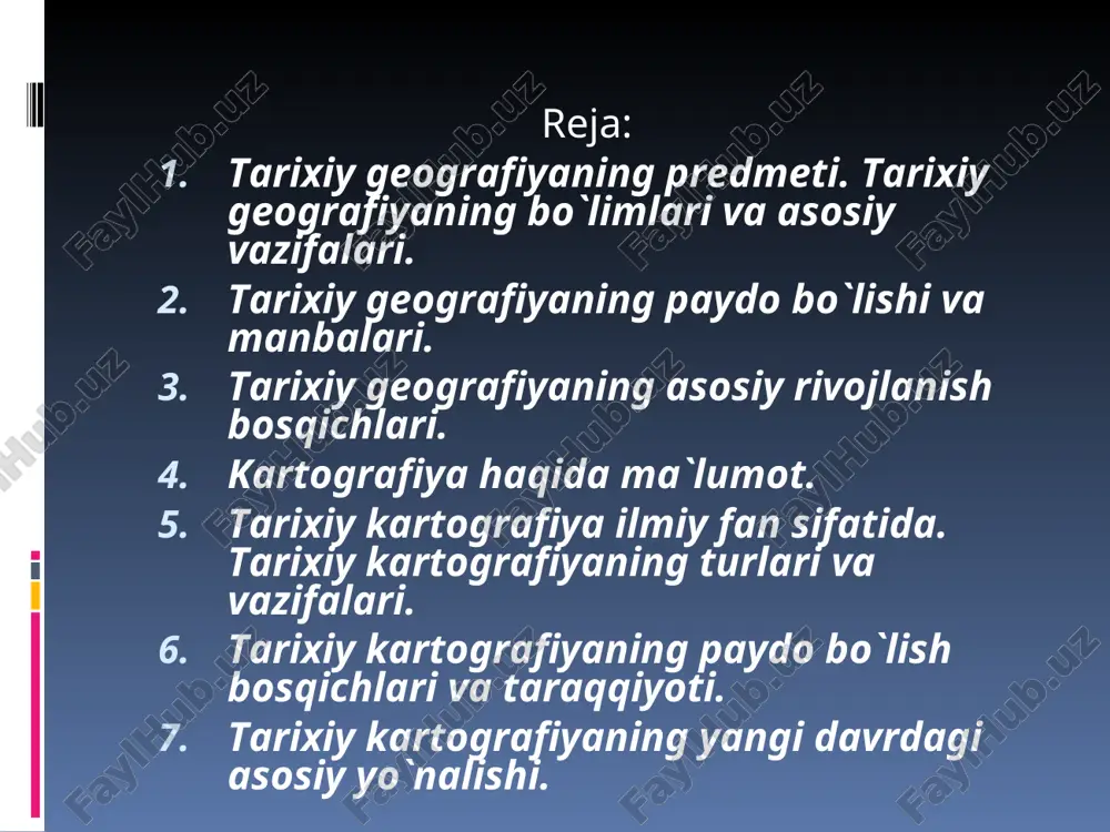 ya fanining rivojlanishi tarixini, sayohatlar tarixini, erning hududiy kashf etilishi bilan bog'liq holda o`rganadi. geografiya fanining muammolari tarixiy geografiya fanioldida oldida turgan muammolar bo`lishi mumkin, o`tmishning aniq geografiyasi bo`lishi mumkin emas. tarixiy geografiya o`tmish tarixining aniq geografiyasini o`rganadi. demak. tarixiy geografiya fani tarix fanlari sirasiga kirib, insoniyat tarixini o`tgan davrlari geografiyasini o`rganadi. bo`lib o`tgan voqeaqhodisalarning tarixiy haqiqiy baholash uchun o`sha davrning tarixiy geografiyasini yaxshi bilish kerak. bu narsa o`zbekiston tarixini, o`rta osiyo tarixini ob`ektiv, ilmiy asoslangan holda o`rganishda katta ahamiyat kasb etadi. tarixiy geografiya zamonaviy geografiya kabi o`z bo`limlariga ega: 1.tabiiy tarixiy geografiya. 2.aholishunoslik tarixiy geografiyasi. 3.xo`jalik geografiyasi yoki tarixiy iqtisodiy geografiya. 4.siyosiy tarixiy geografiya. so`nggi bo`limga ichki va tashqi chegaralar geografiyasi, siyosiy -ma`muriy bo`linishlar, shaharlar vа qal`alar joylashishi, shuningdek tarixiy voqea-hodisalar, harbiy yurishlar yo`llari, muhorabalar xaritalari, milliy-ozodlik harakatlari geografiyasi ham kiradi. fizik geografiya o`tgan bio necha ming yilliklar davomida o`zgarishsiz qoldi. lekin kishilik jamiyati, insoniyat tsivilizatsiyasini rivojlanishi uchun landshaftlar …