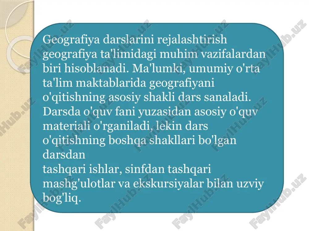 ruvchi maqsadlarini aniq tasavvur qilishi; mavzulami o'qitishda yil fasllari, mavzuning ta'limiy, tarbiyaviy va rivojlantiruvchi maqsadlari, o'quvchilarda shakllantiriladigan biologik tushunchalar, tarkib toptiriladigan ko'nikmalami hisobga olgan holda o'qitish metodlari, ko'rgazma vositalarini tanlashi o'quvchilar tomonidan o'tkaziladigan kuzatish va tajribalaming mazmuni va muddatlarini aniqlashi; darsda namoyish etiladigan tajribalarni avvaldan tayyorlash muddatlarini belgilashi har bir darsda ta'lim-tarbiyaning uzviyligi, boblar, mavzular va fanlararo bog'lanishlarni amalga oshirish yo'llarini belgilashi mavzuli rejalashtirish quyidagilami aniqlashga imkon beradi a) ma’lum bir kurs bo'yicha o'quv jarayonlamini to'la ko'rishga imkon beradi b) ma'lum bir kurs bo'yicha dars turlarini aniqlashga v) o'qituvchi va o'quvchilarni hamkorlikda faoliyatini metodlari va usullarini birgalikda qo'llashga. tabiiy geografik tizimning o'zi alohida geografiya predmeti tizimidan, ular esa bo'limlar, mavzular tizimlaridan iborat. tabiiy ko‘rgazmali qurollar jismlardir. ular o'rganilayotgan material to‘g‘risida ancha to‘g‘ri, haqiqatga yaqin tasawurlar berib, bolalarda bevosita qabul qilish asosida tabiatshunoslik tushunchalari hosil bo‘lishiga imkon yaratadi. shunga ko‘ra sinfda yoki tabiatshunoslik xonasida jonli tabiatni o ‘rganish uchun har xil …