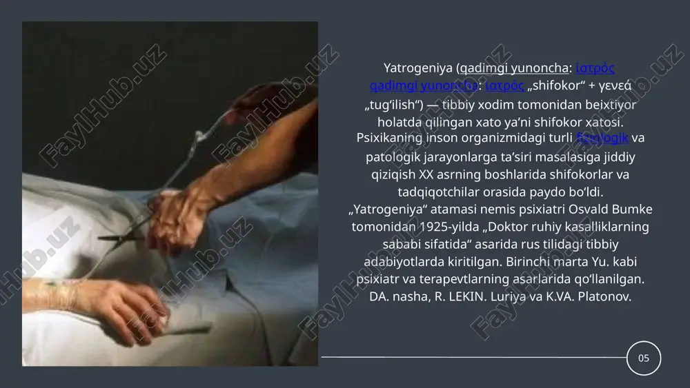 digan shifokorning (yoki tibbiyot xodimlaridan boshqa shaxsning) beparvo bayonotlari yoki harakatlari tufayli“ kasallik deb hisoblashda davom etmoqdalar. baʼzi adabiy manbalarda „yatrogeniya“ oʻrniga ular atamaning biroz boshqacha imlosi - yatrogenik imloni qoʻllashadi. yatrogen kasalliklarning bir varianti „uchinchi kurs kasalliklari“ deb ataladigan boʻlib, ichki kasalliklar propedevtikasini oʻrganayotgan tibbiyot talabasi oʻzida yoʻq boʻlgan kasallikning alomatlarini topsa. barcha yatrogeniyalarni quyidagi turlari mavjud 1. dori-darmonlar natijasidagi yatrogeniyalar; 2. diagnostik - asbob-uskunali yatrogeniyalar; 3. xirurgik yatrogeniyalar; 4. narkoz – og’riqsizlantirish yatrogeniyalari; 5. buzuq texnik asboblardan foydalanish oqibatida vujudga keladigan yatrogeniyalar; 6. transfuzion - infuzion yatrogeniyalar; 7. septik yatrogeniyalar; 8. nurlar oqibatida vujudga keluvchi yatrogeniyalar; 9. reanimatsion yatrogeniyalar; 10.profilaktik yatrogeniyalar; 11 .informasion - ma'lumot yatrogeniyalar; 12.boshqalar psixogen yatrogeniya – bu salbiy psixogen omillar ta’sirida rivojlanuvchi kasallik. psixogen yatrogeniya nevroz, psixoz, nevrasteniya, isteriya, fobiya, depressiya, ko’rquv xissi, depressiv va ipoxondrik buzilishlar shaklida namoyon bo’ladi. ular tibbiyot xodimining be’mor salomatligi to’g’risida noto’g’ri va extiyotsizlik bilan ma’lumot berishi, be’morni o’z …