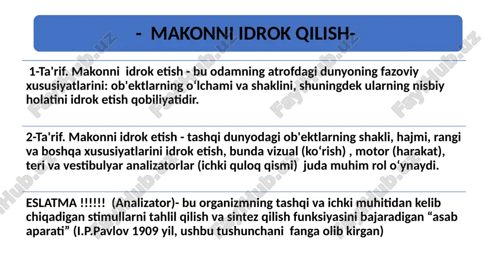 qonuniyatga boʻysunmasdan, ekologik qonuniyatga ham boʻysunadi. chunki tirik tabiatda hamma narsa irarxik, bilogik jihatdan asosga ega. barcha tizimda oʻrnatilgan, idrok etiladigan sifatlar bor ( oʻsimliklar, hayvonlar, insoniyat) idrok - bu imkoniyatlarni ajratib olishdir. shablonlar nazariyasi koʻra, uzoq muddatli xotirada har bir ob'ektning qisqartirilgan nusxasi (shablon) mavjud. tasvirni tanib olish vizual stimul unga eng mos keladigan jihat bilan tezda solishtiriladi . uzoq muddatli xotira - bu faktlar, bilim va koʻnikmalarni saqlash va keyinchalik, ularni qayta tiklash kabi vazifalarni uzoq muddatli xotira - murakkab qobiliyat boʻlib, unga miyaning koʻp sonli qismlari javobgardir. shablonlar nazariyasi uzoq muddatli xotira bir-biridan nisbatan mustaqil boʻlgan ikki turga boʻlinadi. deklarativ xotira (lotincha delarasio – bayon etish, e'lon qolish) - u odam taqdim etishi yoki aytib berishi muhim boʻlgan ma'lumotlarni saqlaydi. oʻz navbatida, deklarativ xotirada quyidagilar mavjud: 1. epizodik xotira - inson hayotida sodir boʻlgan voqealar xotiralari, oʻtmish epizodlari (masalan, sayohatlari xotiralari, tanish odamlar, maktab va universitetdagi darslar, …